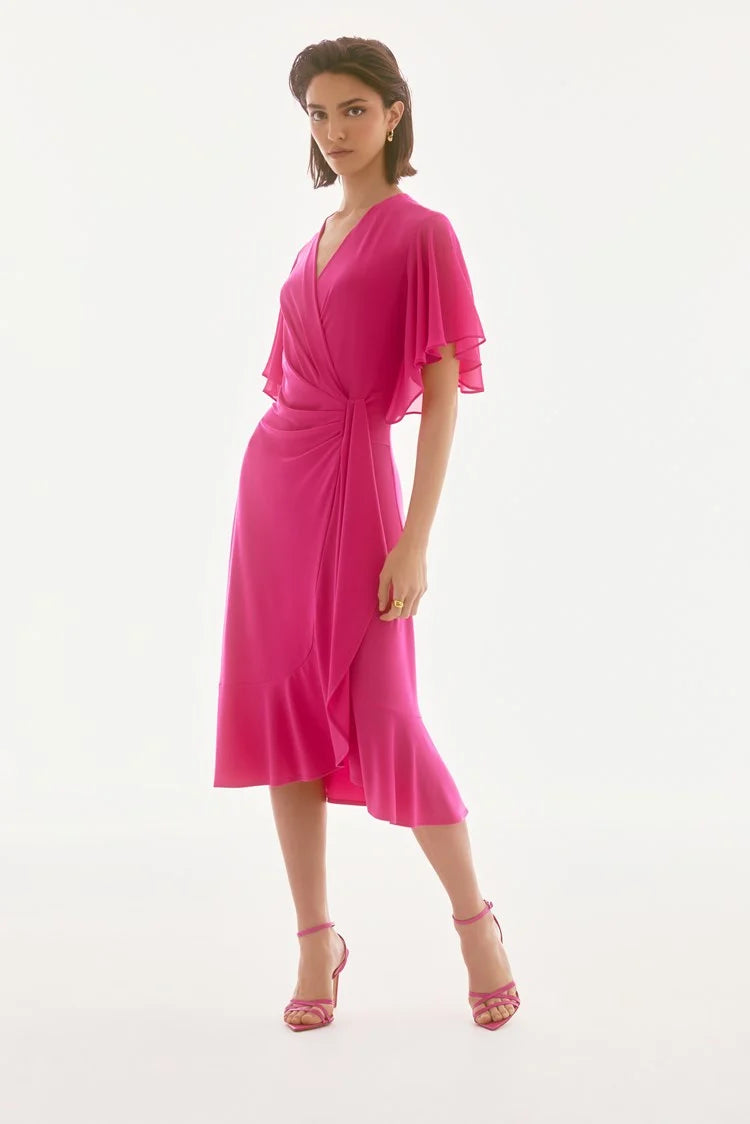Silky Knit And Chiffon Flowy Wrap Dress in Geranium 251706