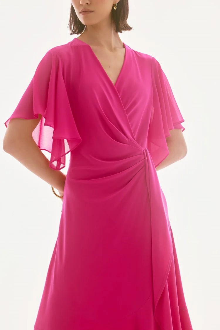 Silky Knit And Chiffon Flowy Wrap Dress in Geranium 251706