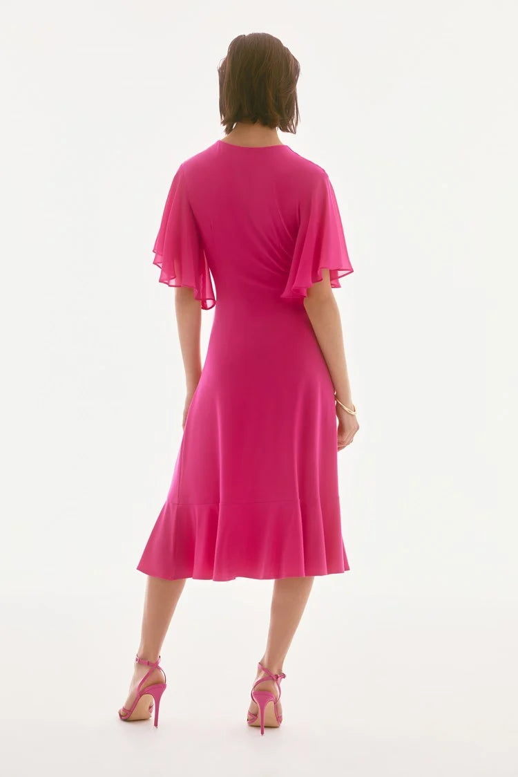 Silky Knit And Chiffon Flowy Wrap Dress in Geranium 251706