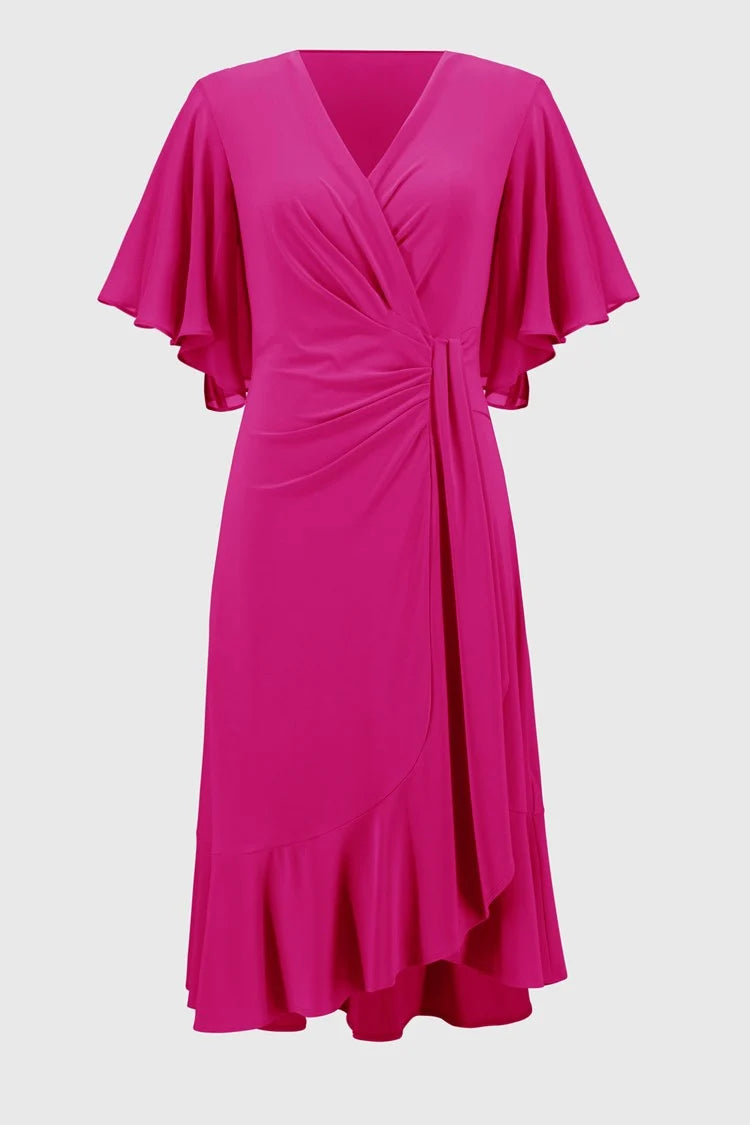 Silky Knit And Chiffon Flowy Wrap Dress in Geranium 251706
