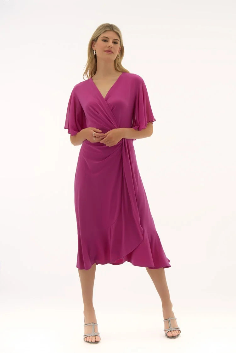 Silky Knit And Chiffon Flowy Wrap Dress in Purple Orchid 251706