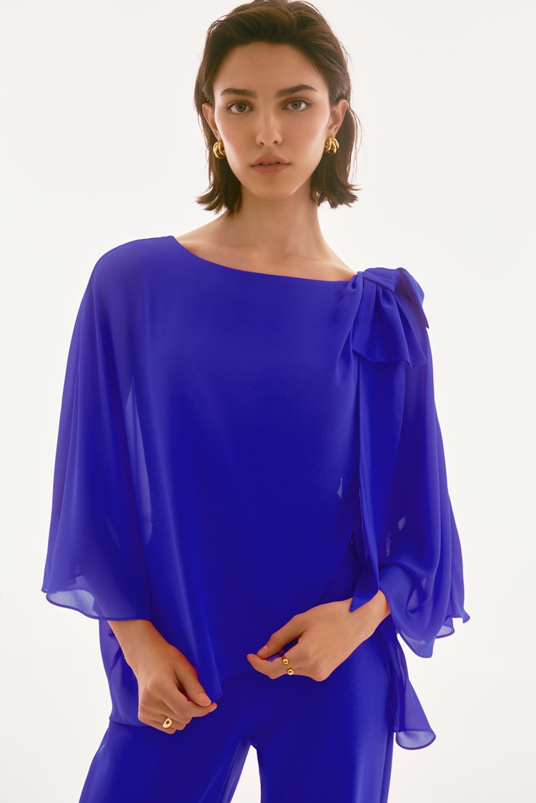 Chiffon and Silky Knit Poncho Top in Royal Sapphire 251739