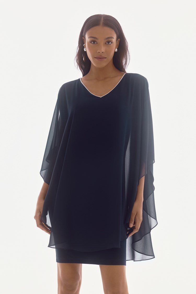 Chiffon and Silky Knit Layered Dress in Navy 251746