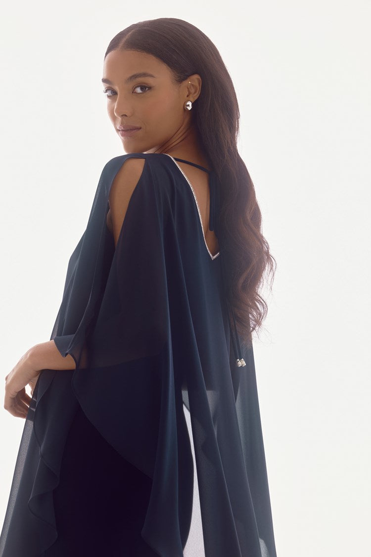 Chiffon and Silky Knit Layered Dress in Navy 251746