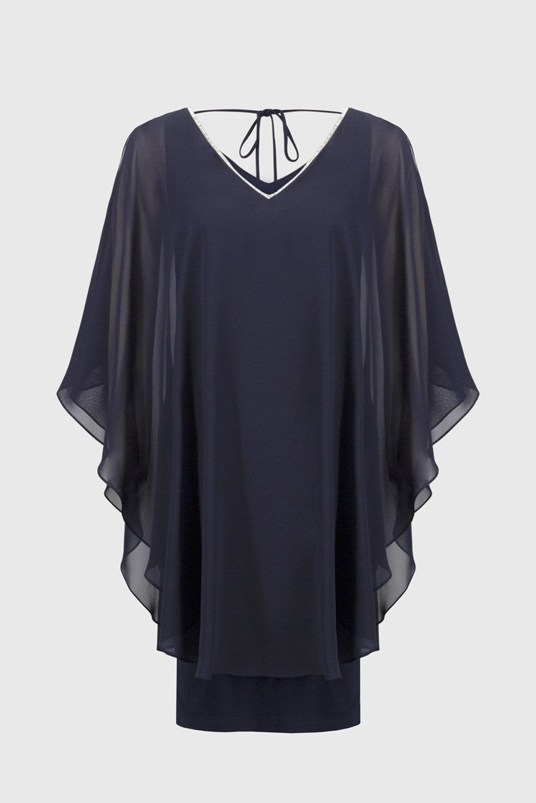 Chiffon and Silky Knit Layered Dress in Navy 251746
