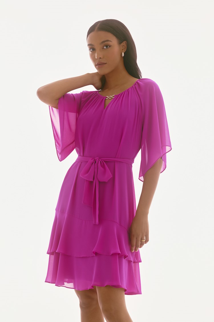 Chiffon Belted A-Line Dress in Purple Ochid 251765