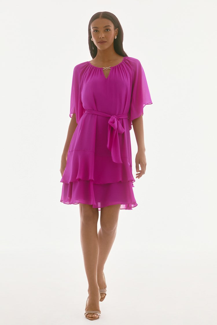 Chiffon Belted A-Line Dress in Purple Ochid 251765