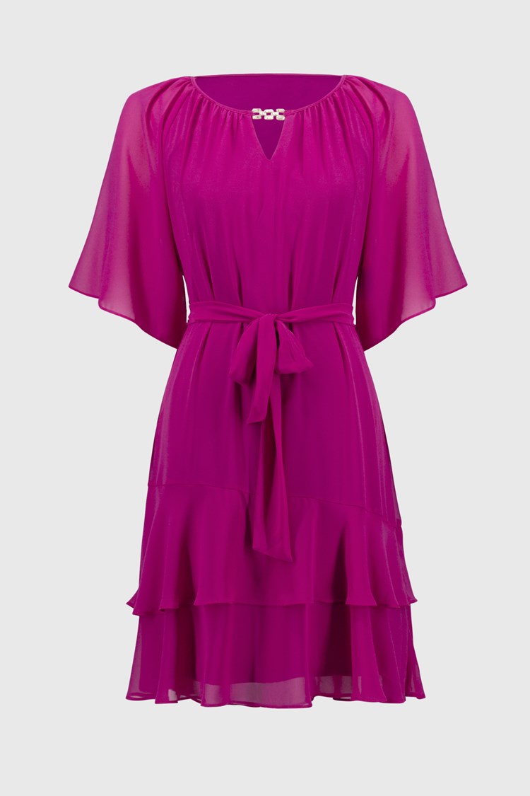 Chiffon Belted A-Line Dress in Purple Ochid 251765