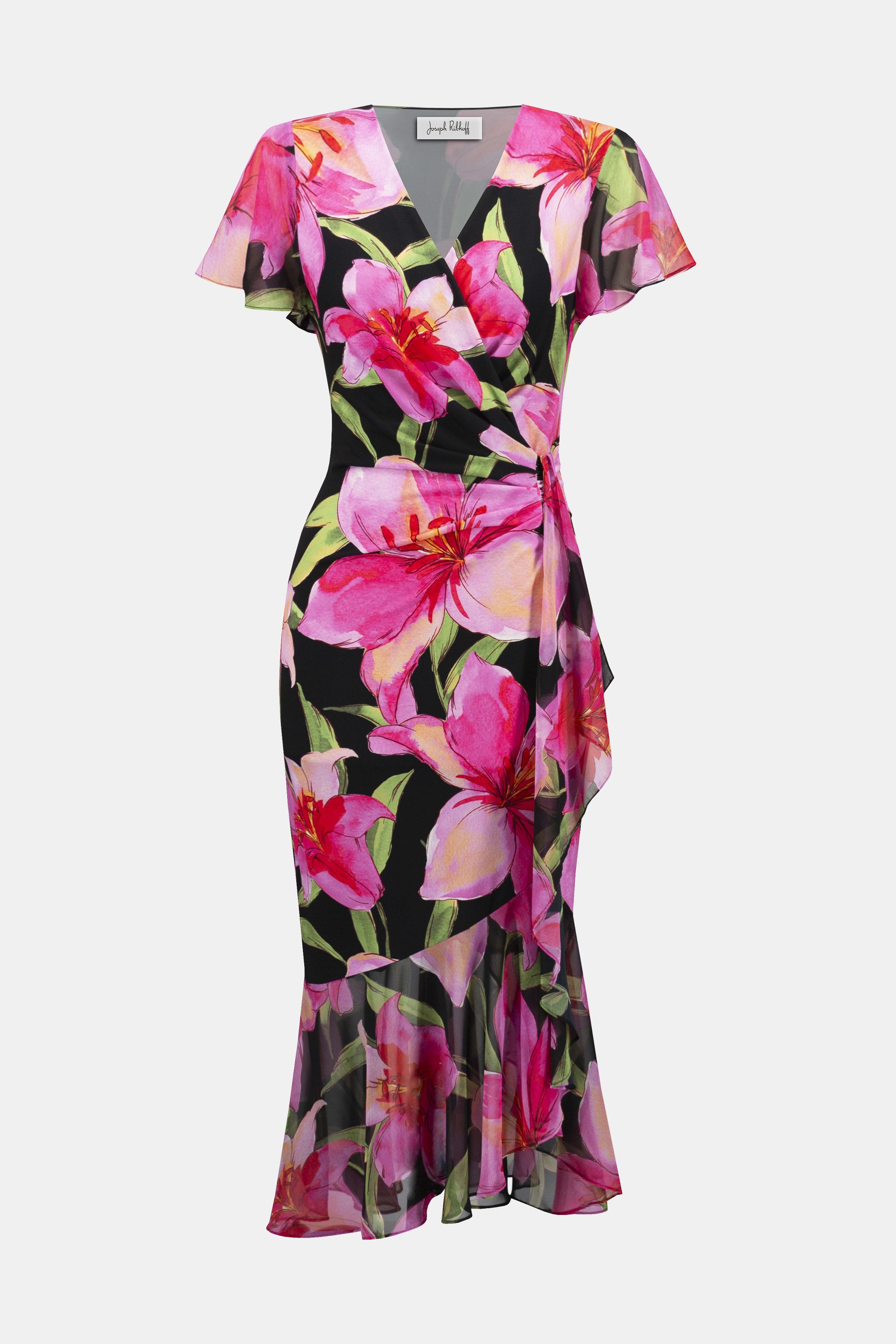 Silky Knit and Chiffon Floral Print Wrap Dress 252714