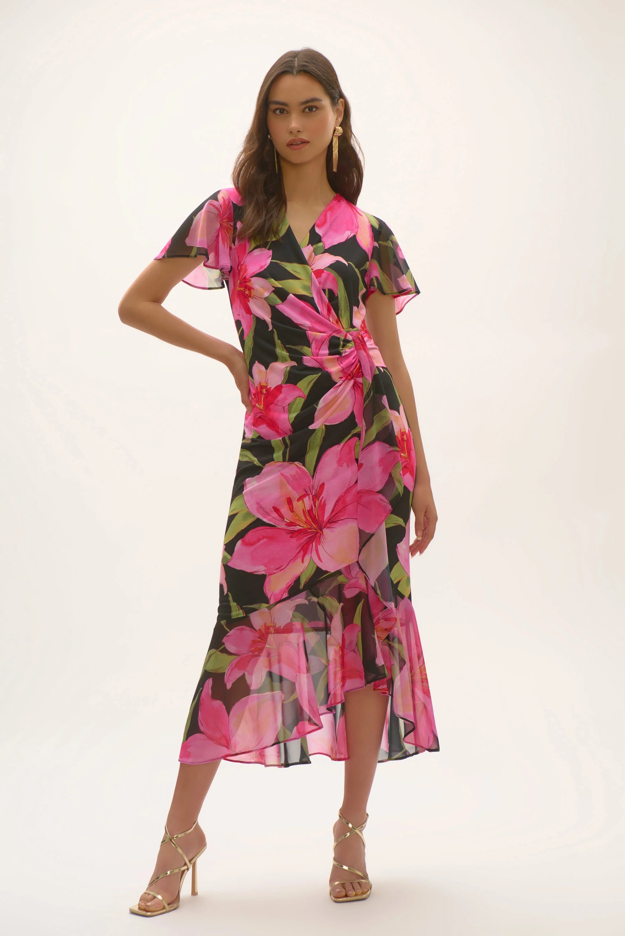 Silky Knit and Chiffon Floral Print Wrap Dress 252714