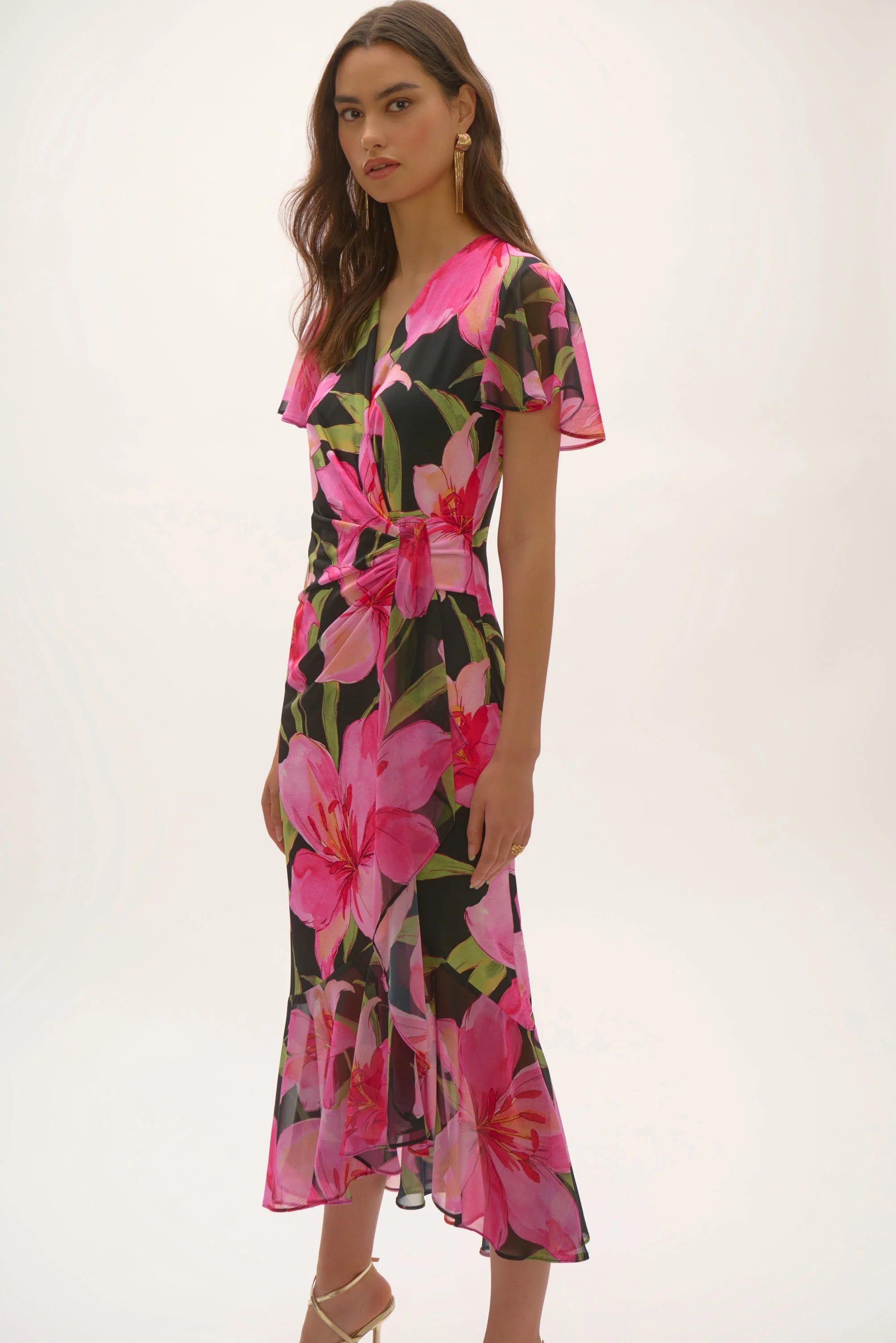 Silky Knit and Chiffon Floral Print Wrap Dress 252714