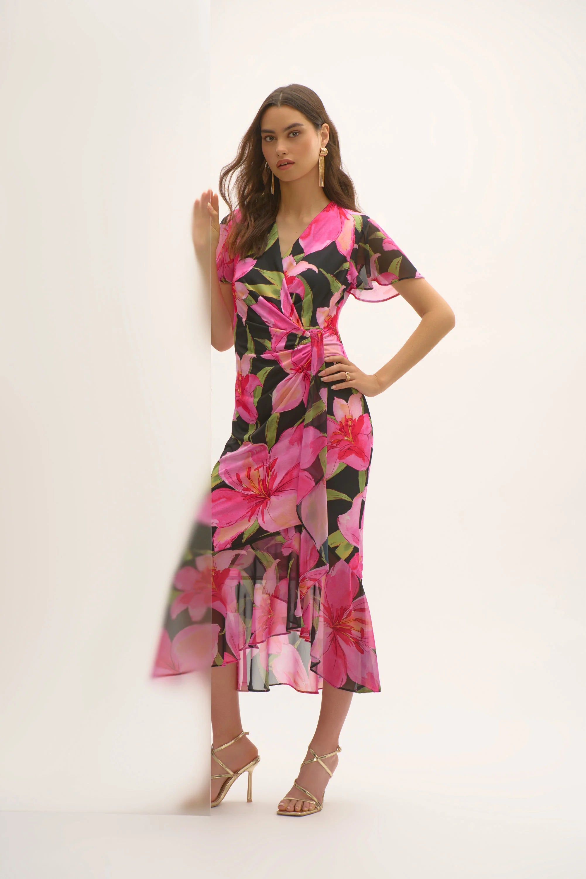Silky Knit and Chiffon Floral Print Wrap Dress 252714