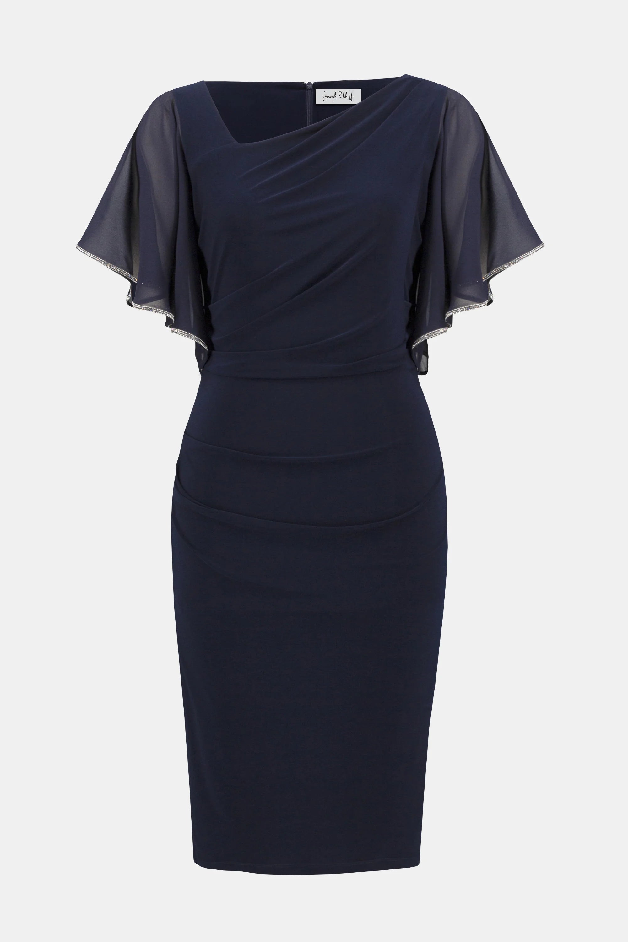 Silky Knit And Chiffon Sheath Dress in Navy 252719