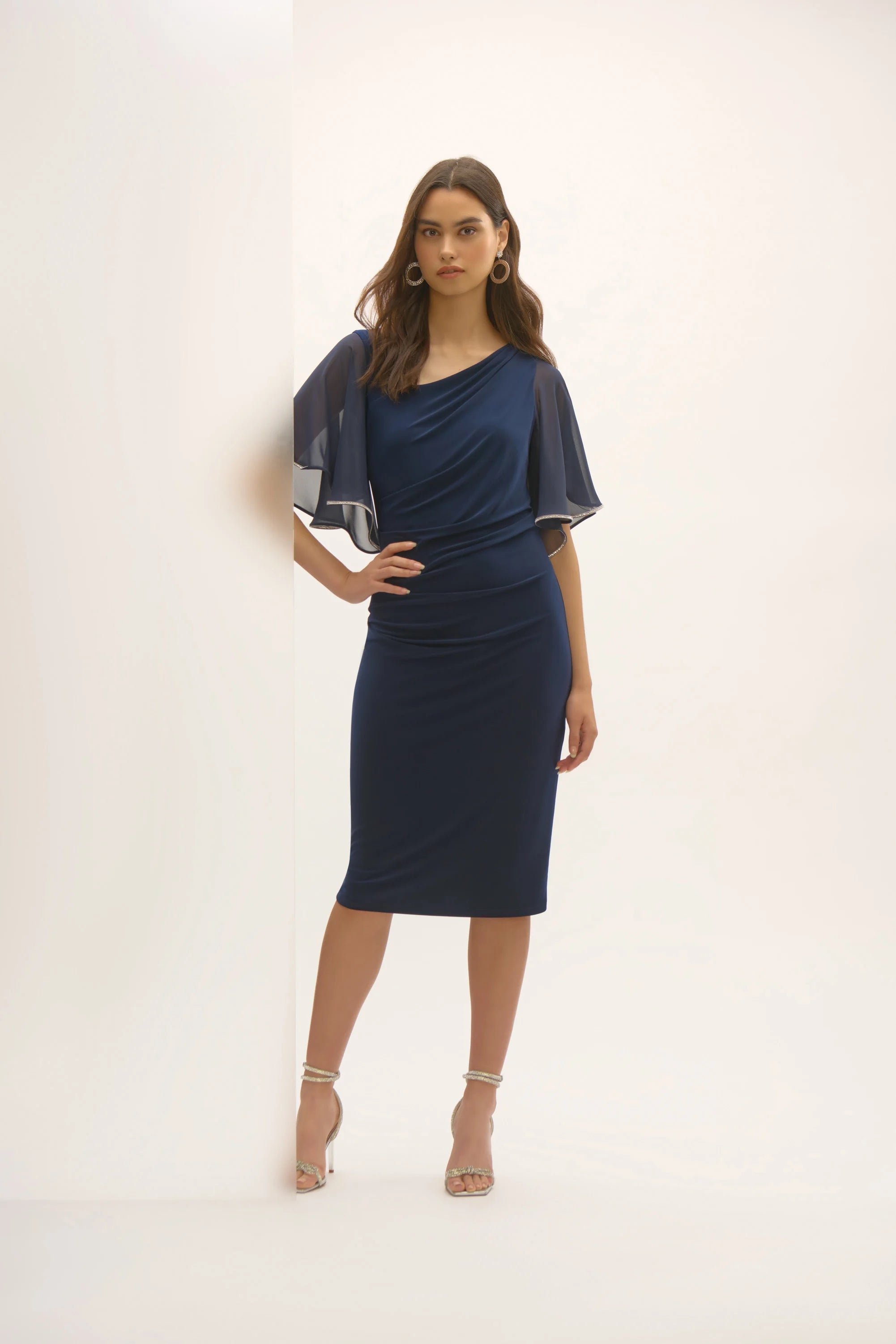 Silky Knit And Chiffon Sheath Dress in Navy 252719