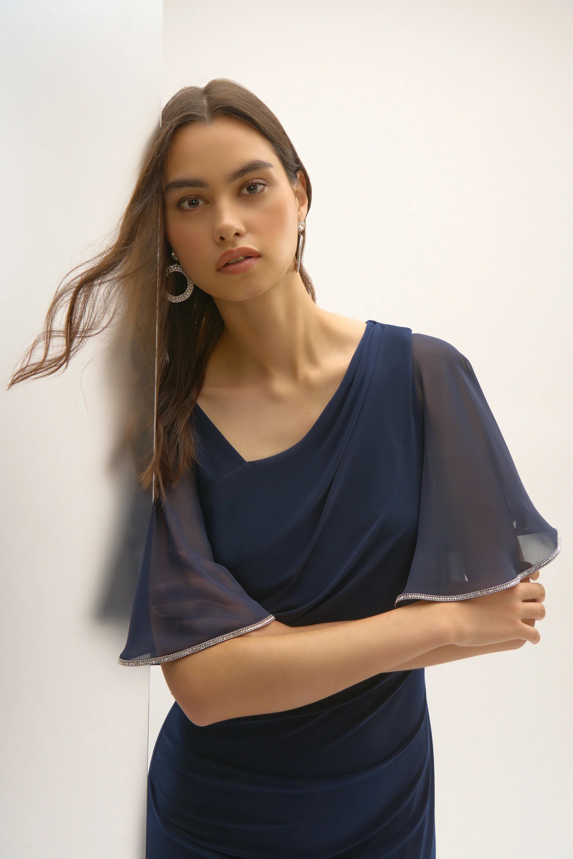 Silky Knit And Chiffon Sheath Dress in Navy 252719