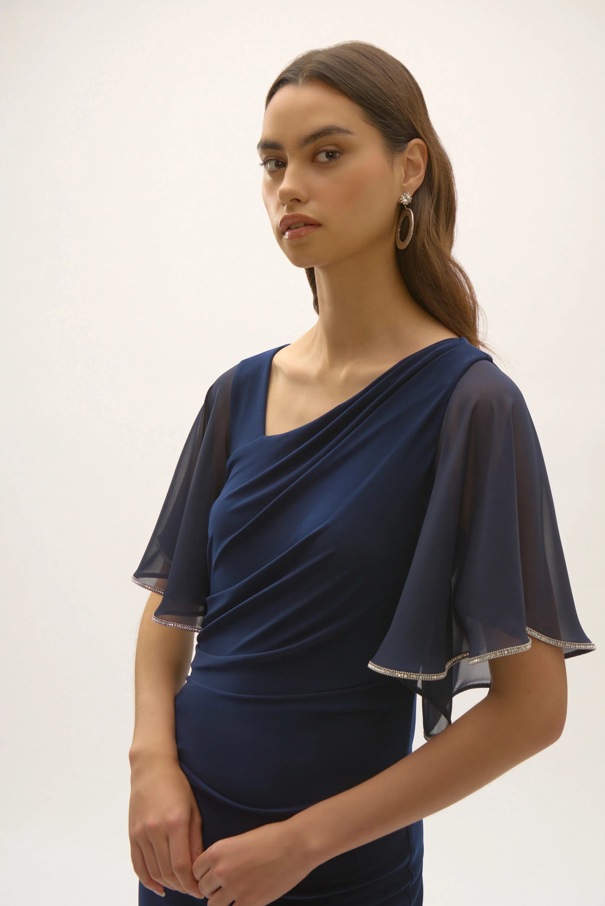 Silky Knit And Chiffon Sheath Dress in Navy 252719