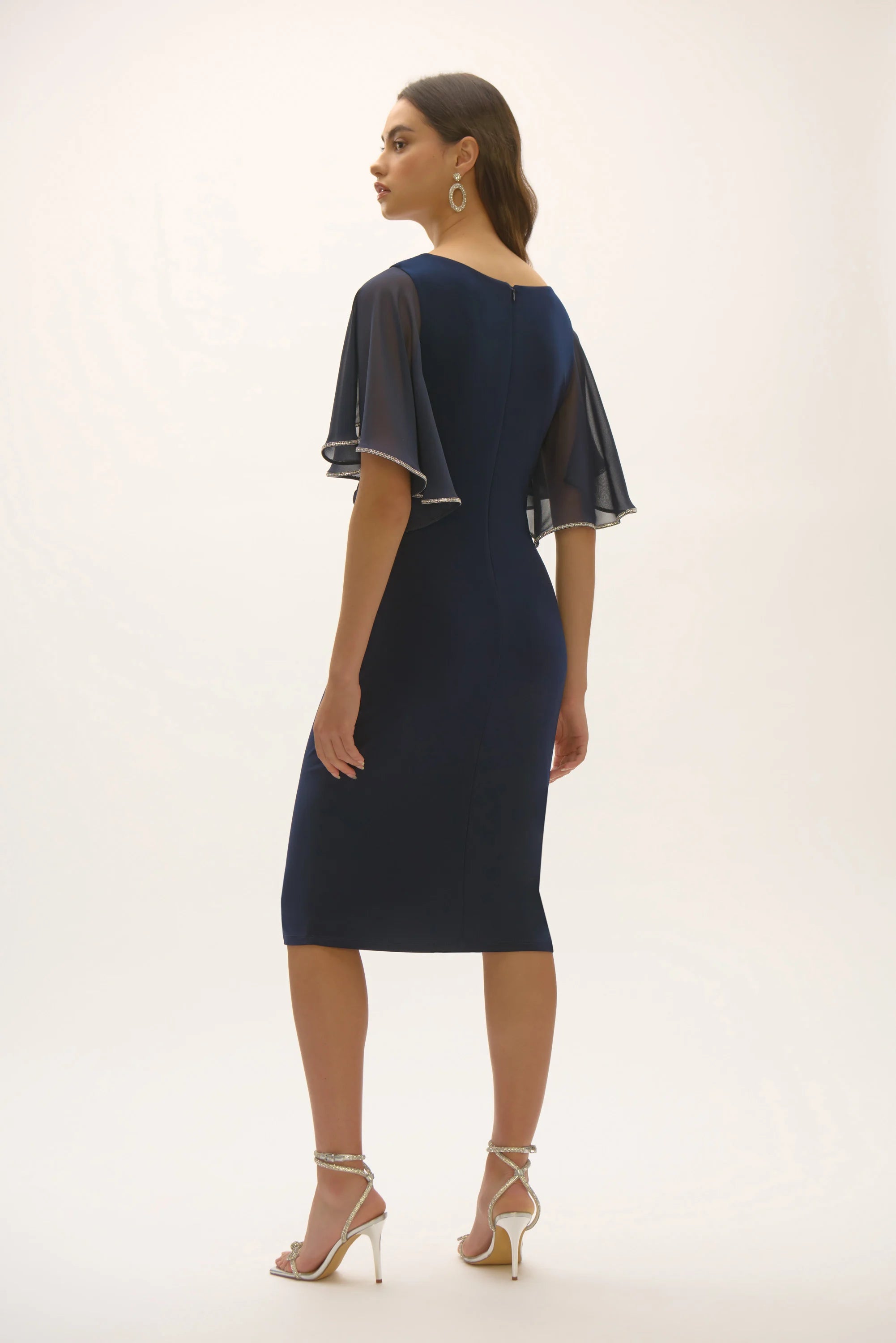Silky Knit And Chiffon Sheath Dress in Navy 252719