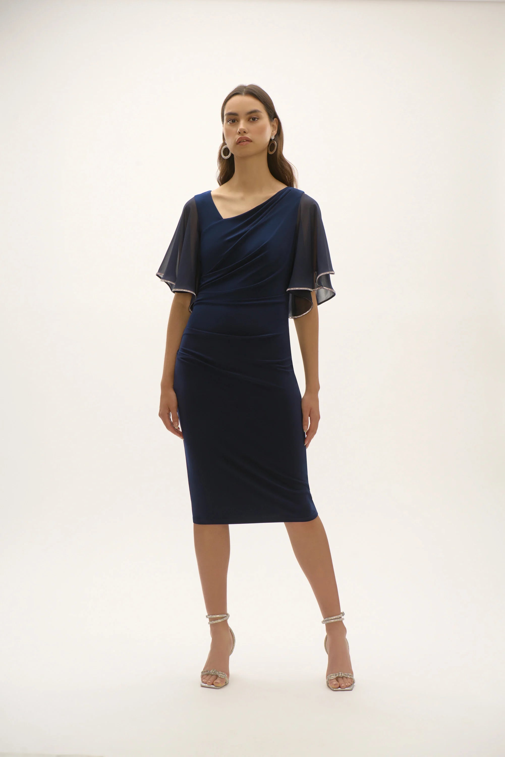 Silky Knit And Chiffon Sheath Dress in Navy 252719