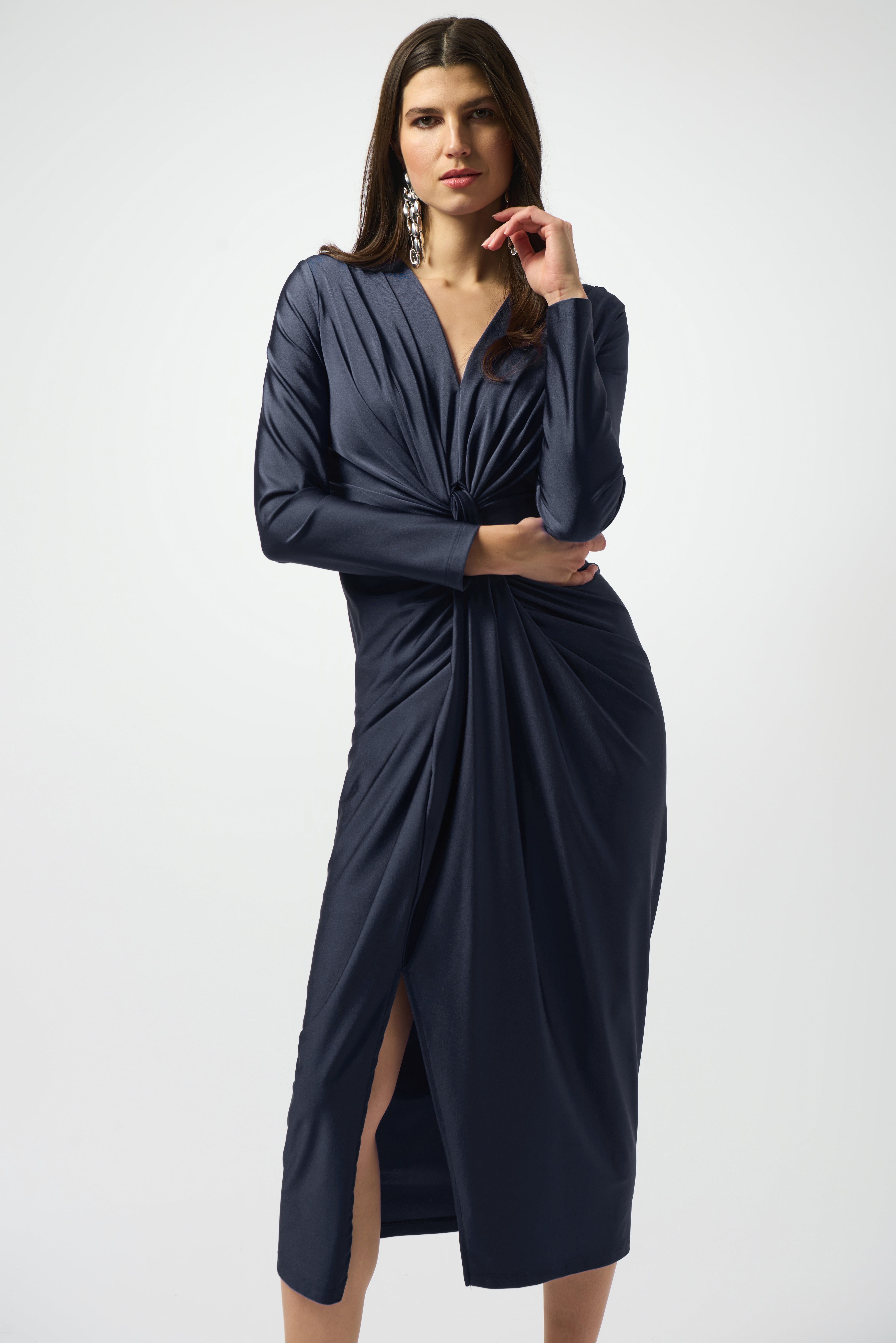 Satin Effect Knit Draped V-Neck Sheath Dress 253714