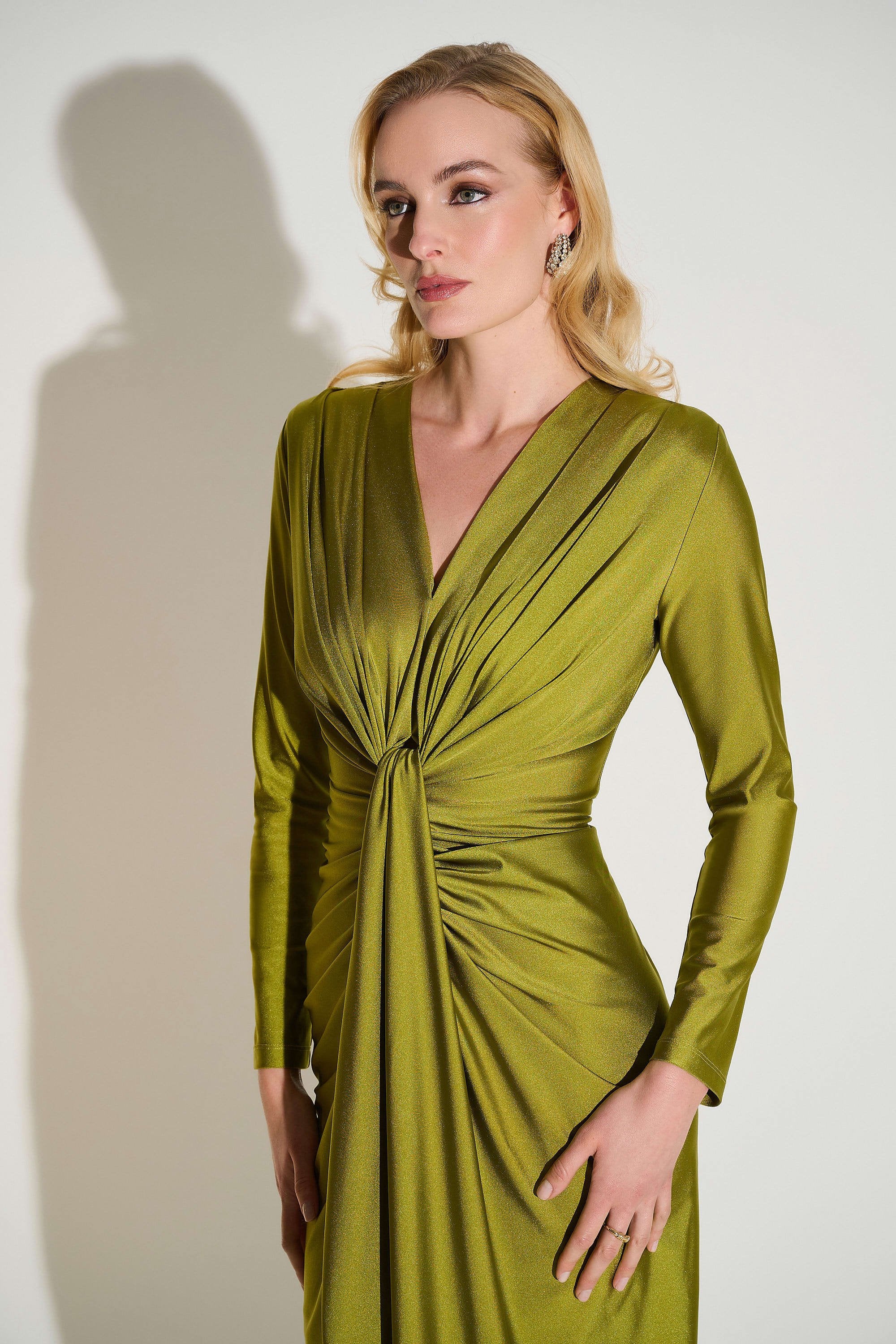 Satin Effect Knit Draped V-Neck Sheath Dress 253714