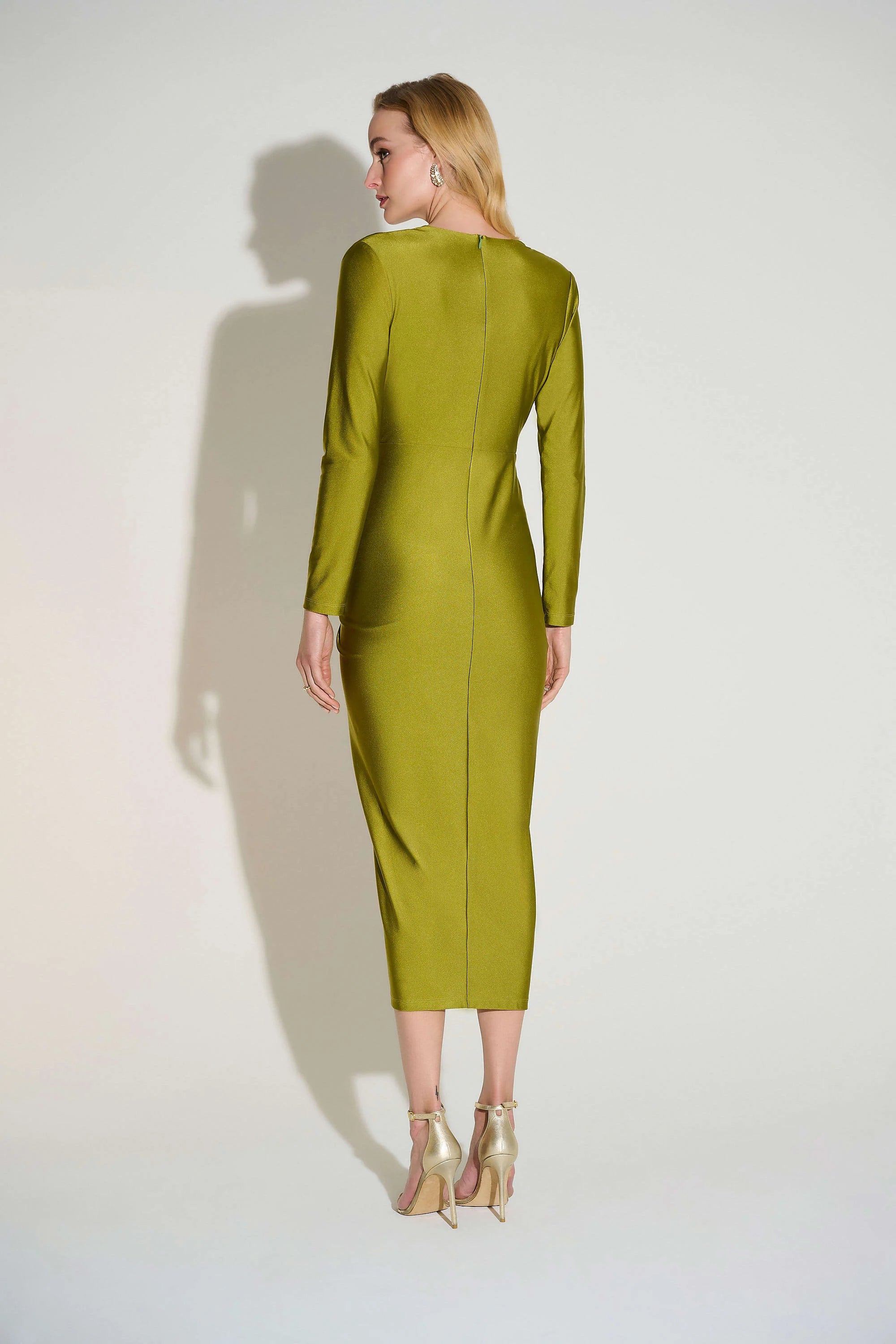 Satin Effect Knit Draped V-Neck Sheath Dress 253714
