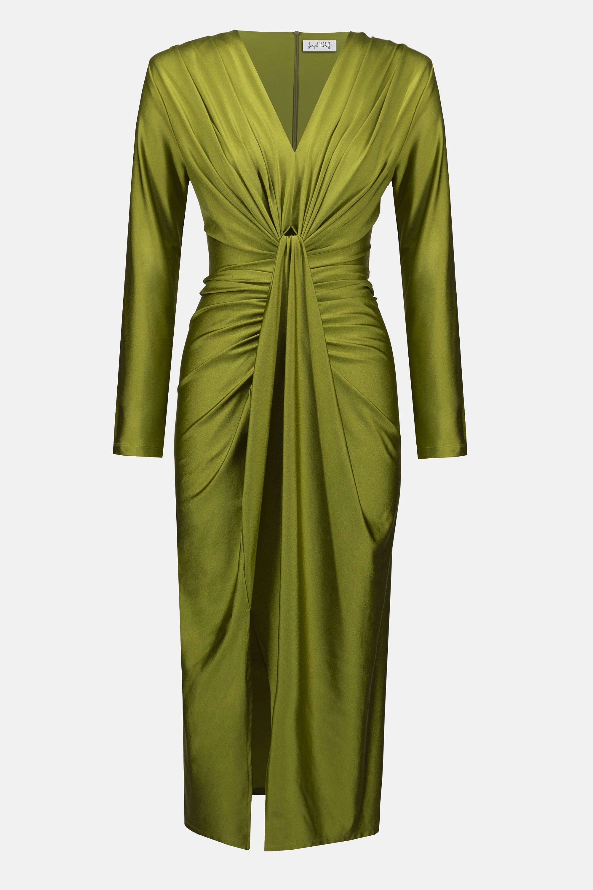 Satin Effect Knit Draped V-Neck Sheath Dress 253714