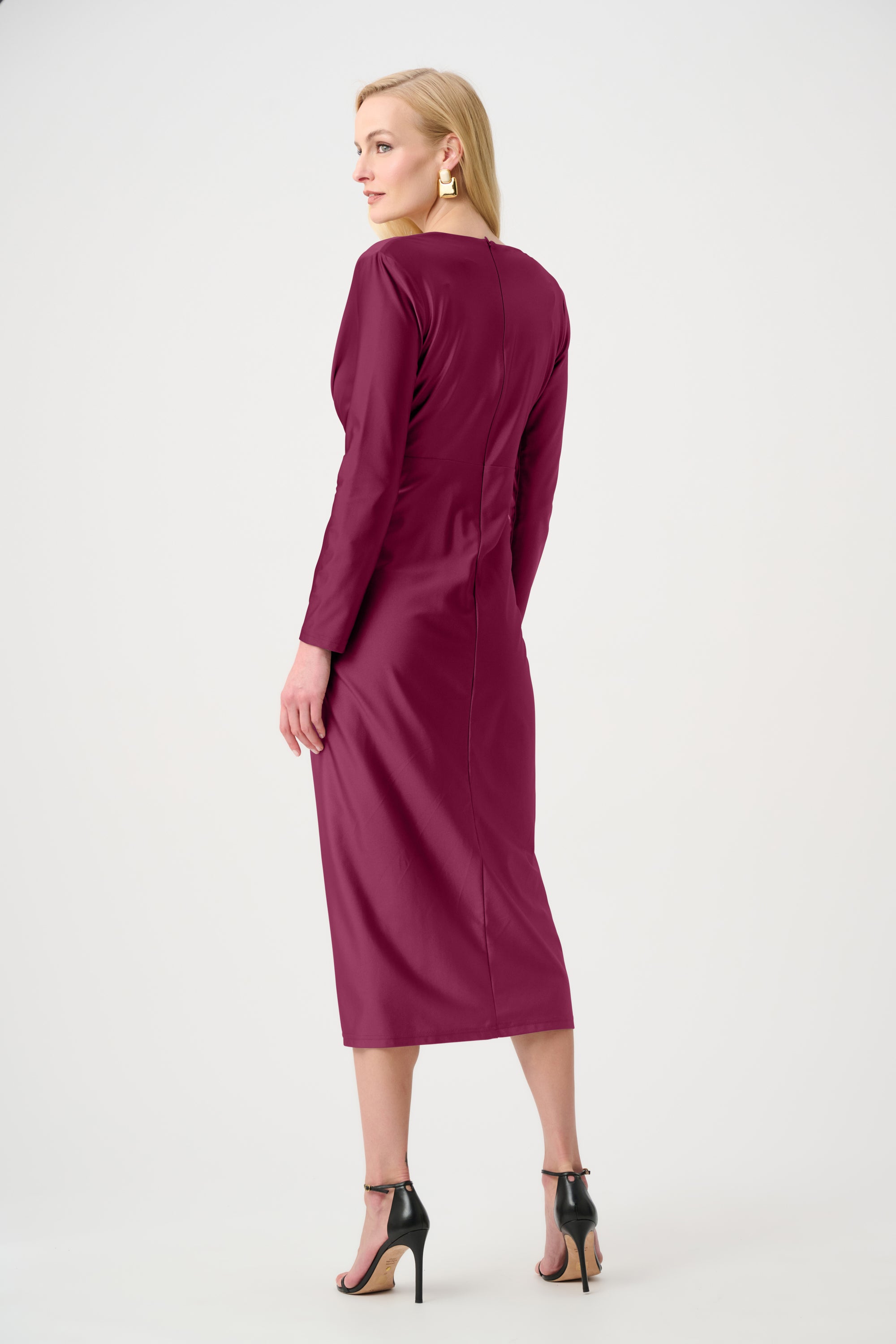 Satin Effect Knit Draped V-Neck Sheath Dress in Berry 253714