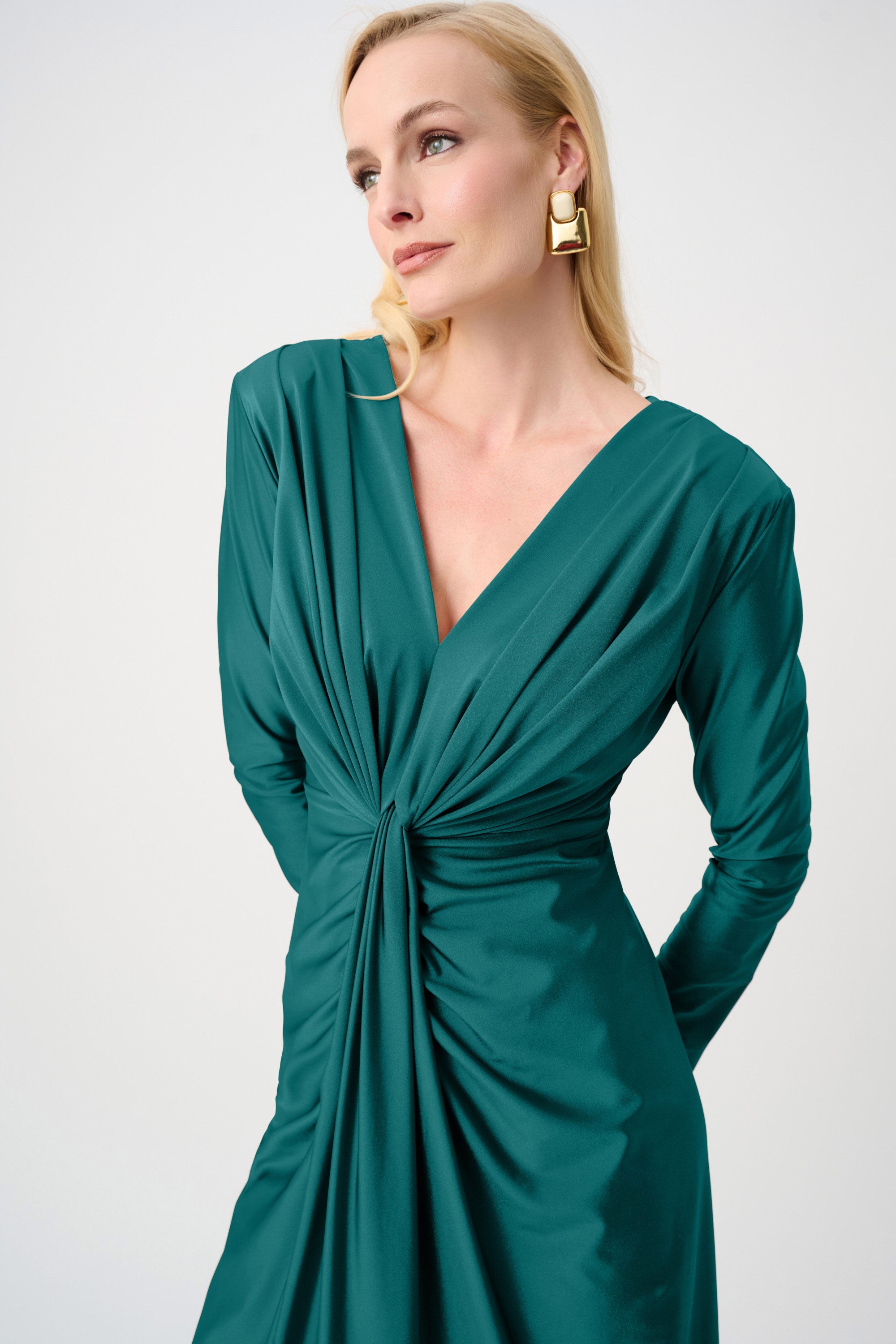 Satin Effect Knit Draped V-Neck Sheath Dress in Opulent Green 253714F26