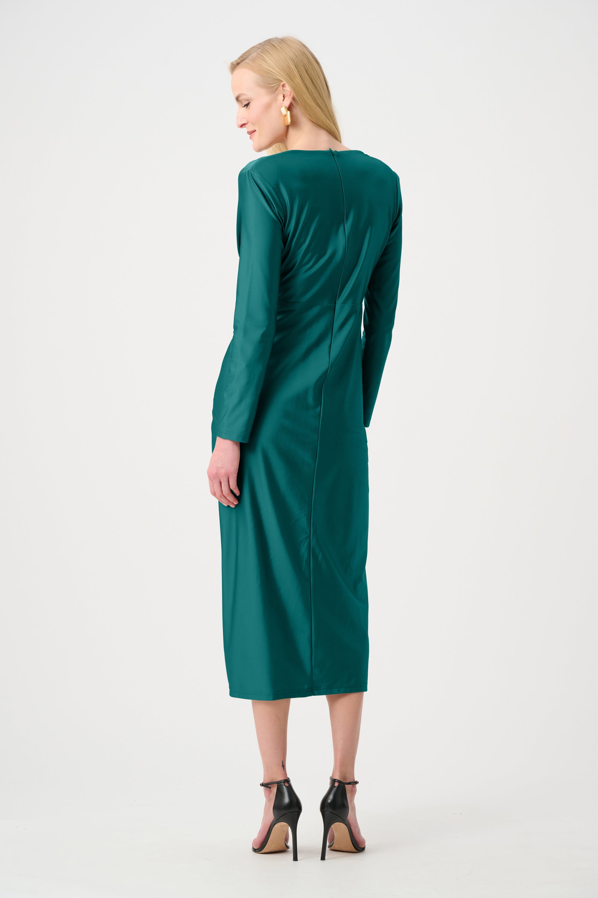 Satin Effect Knit Draped V-Neck Sheath Dress in Opulent Green 253714F26