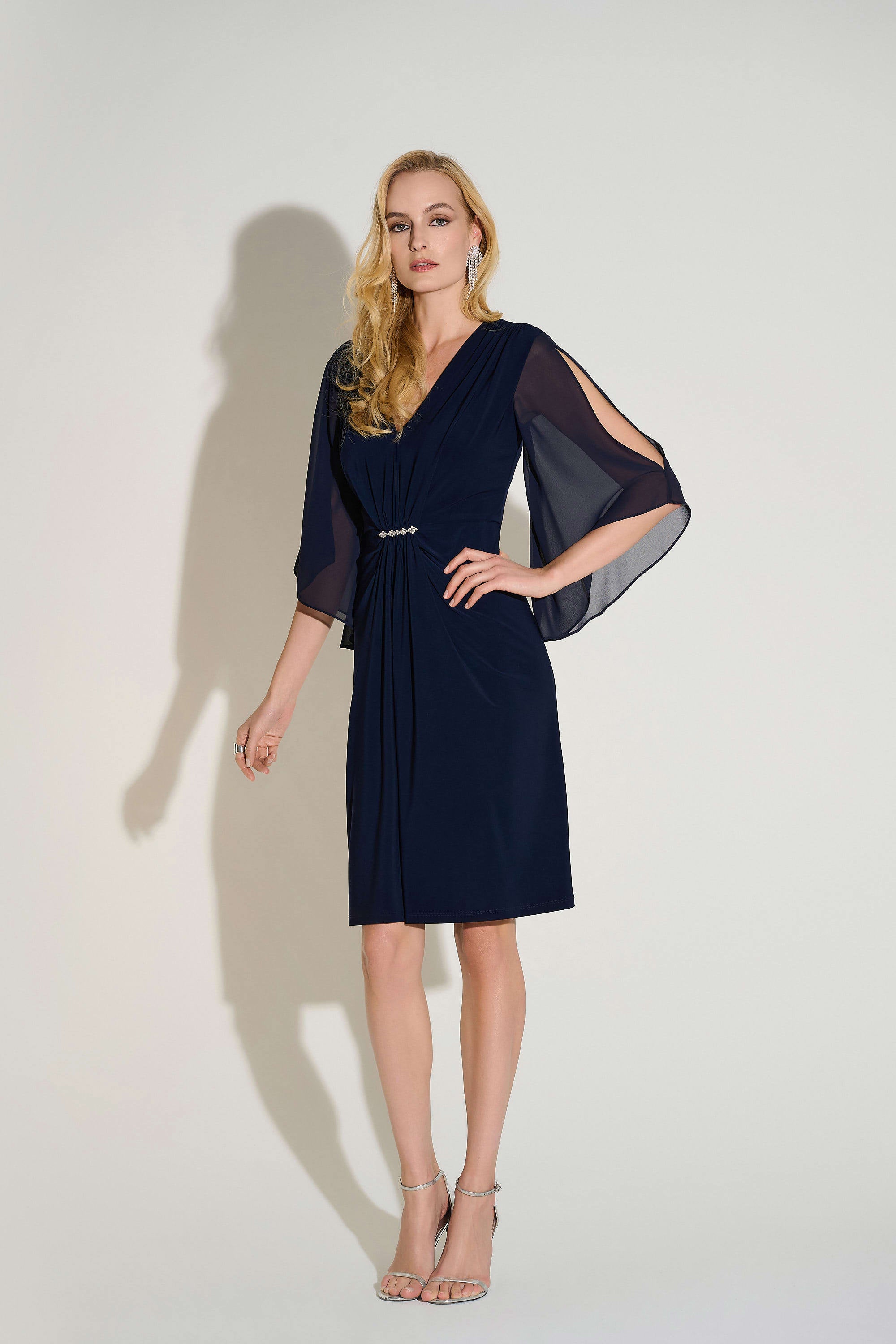 Silky Knit & Chiffon Sheath Dress in Navy 253728
