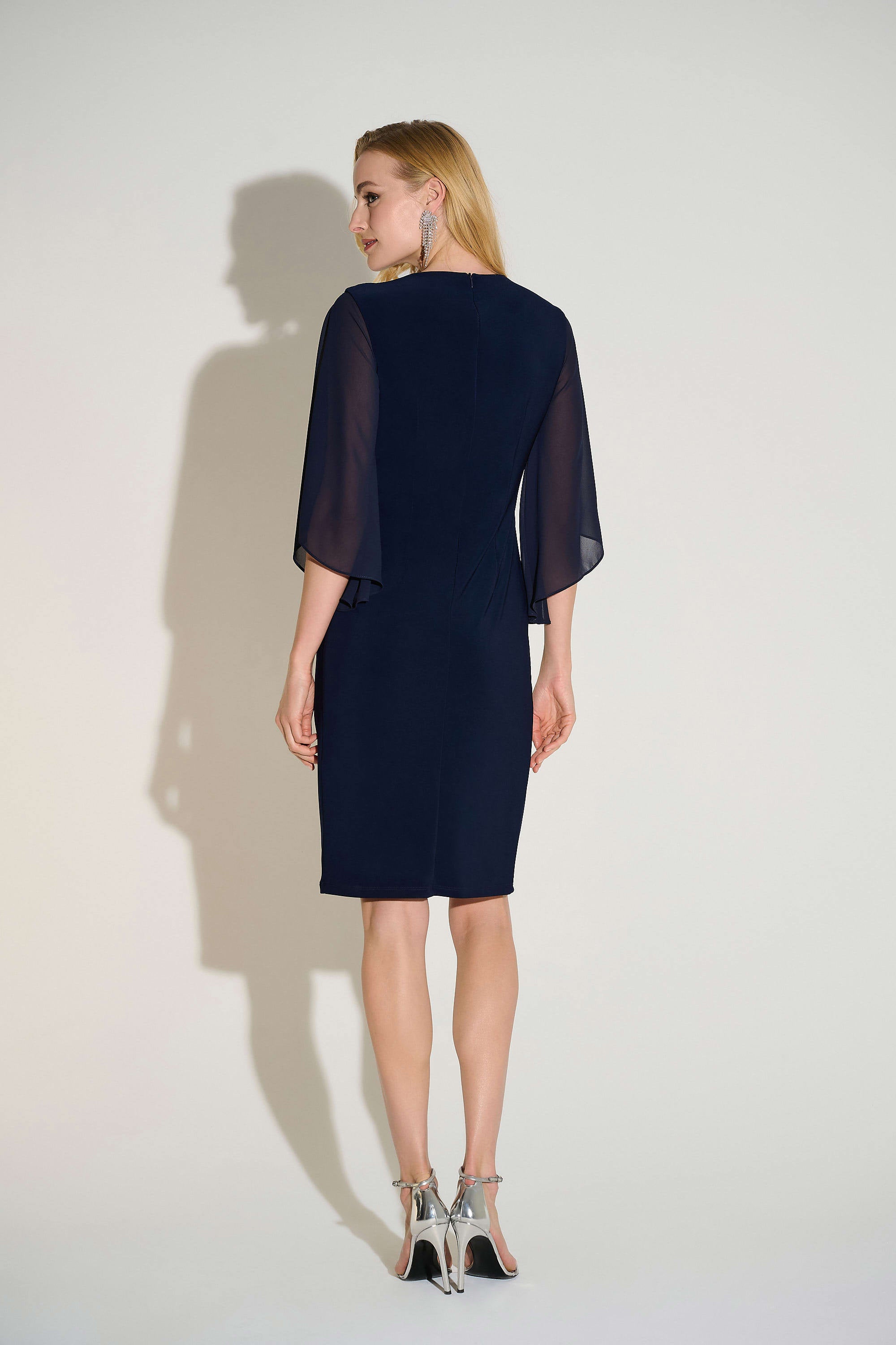 Silky Knit & Chiffon Sheath Dress in Navy 253728