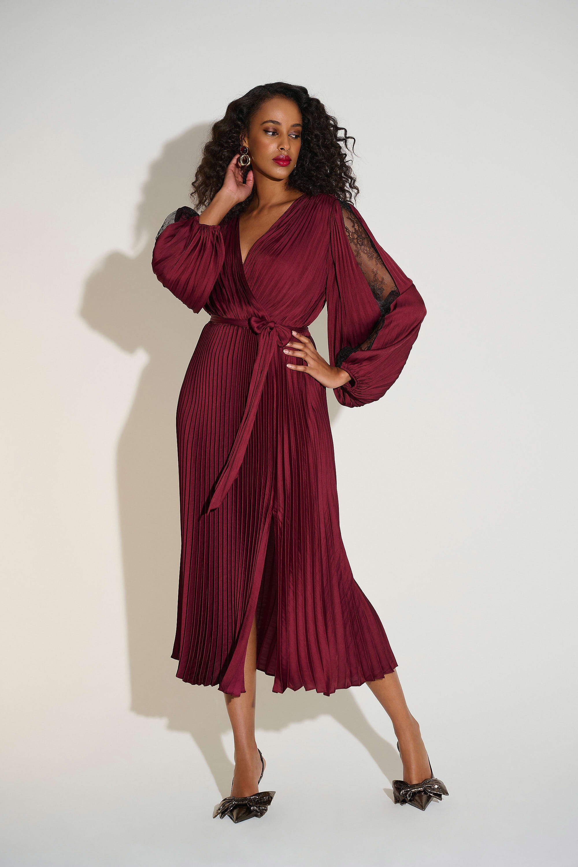 Pleated Satin Fit & Flare Dress 253775