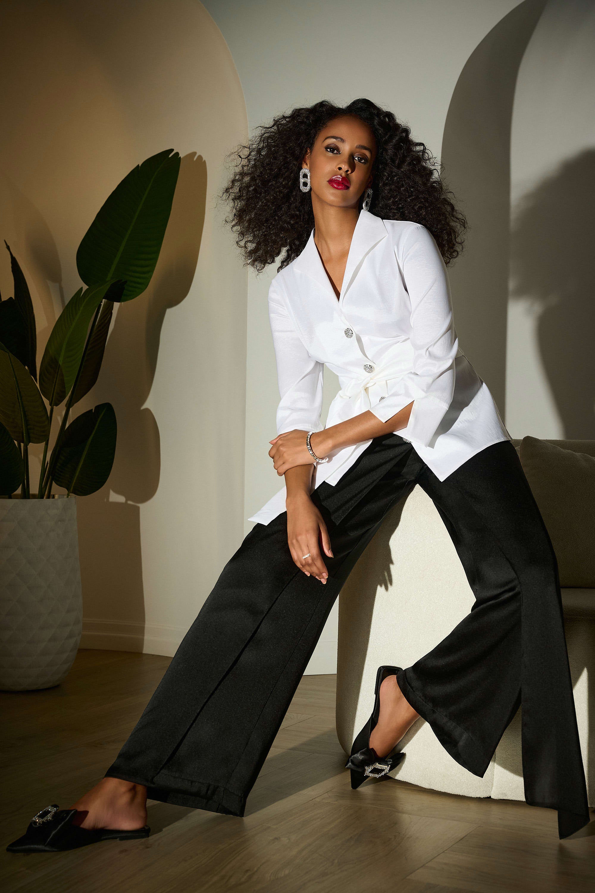 Satin Wide Leg Pants with Front Overlay 253788