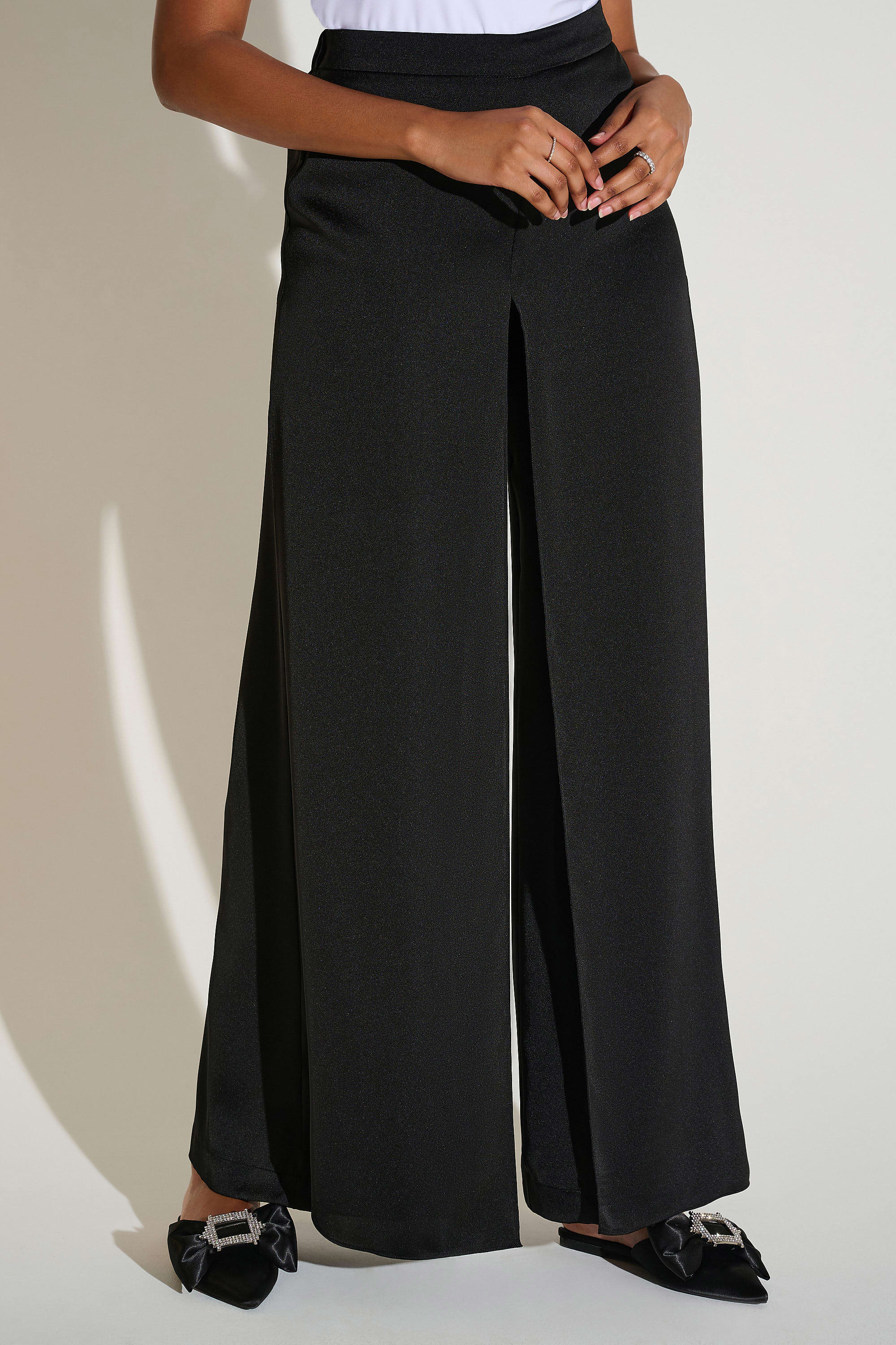 Satin Wide Leg Pants with Front Overlay 253788