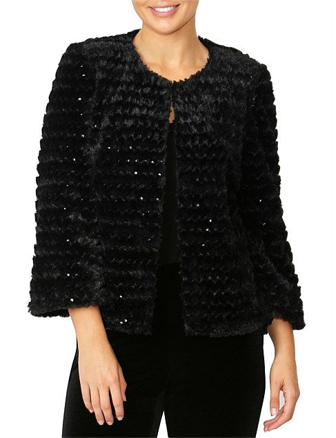 Black Sequin Faux Fur Jacket IA17202