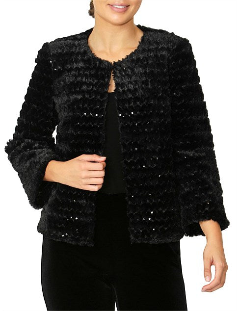 Black Sequin Faux Fur Jacket IA17202