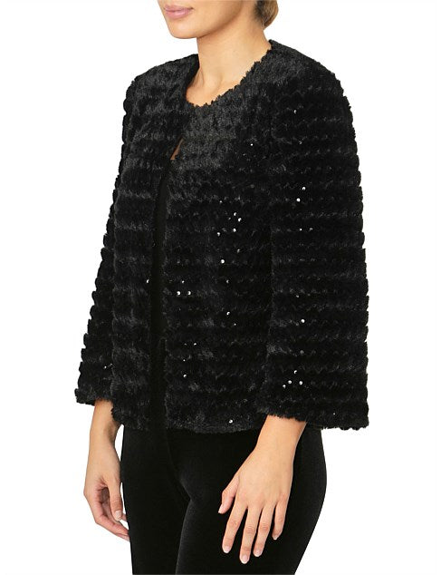 Black Sequin Faux Fur Jacket IA17202