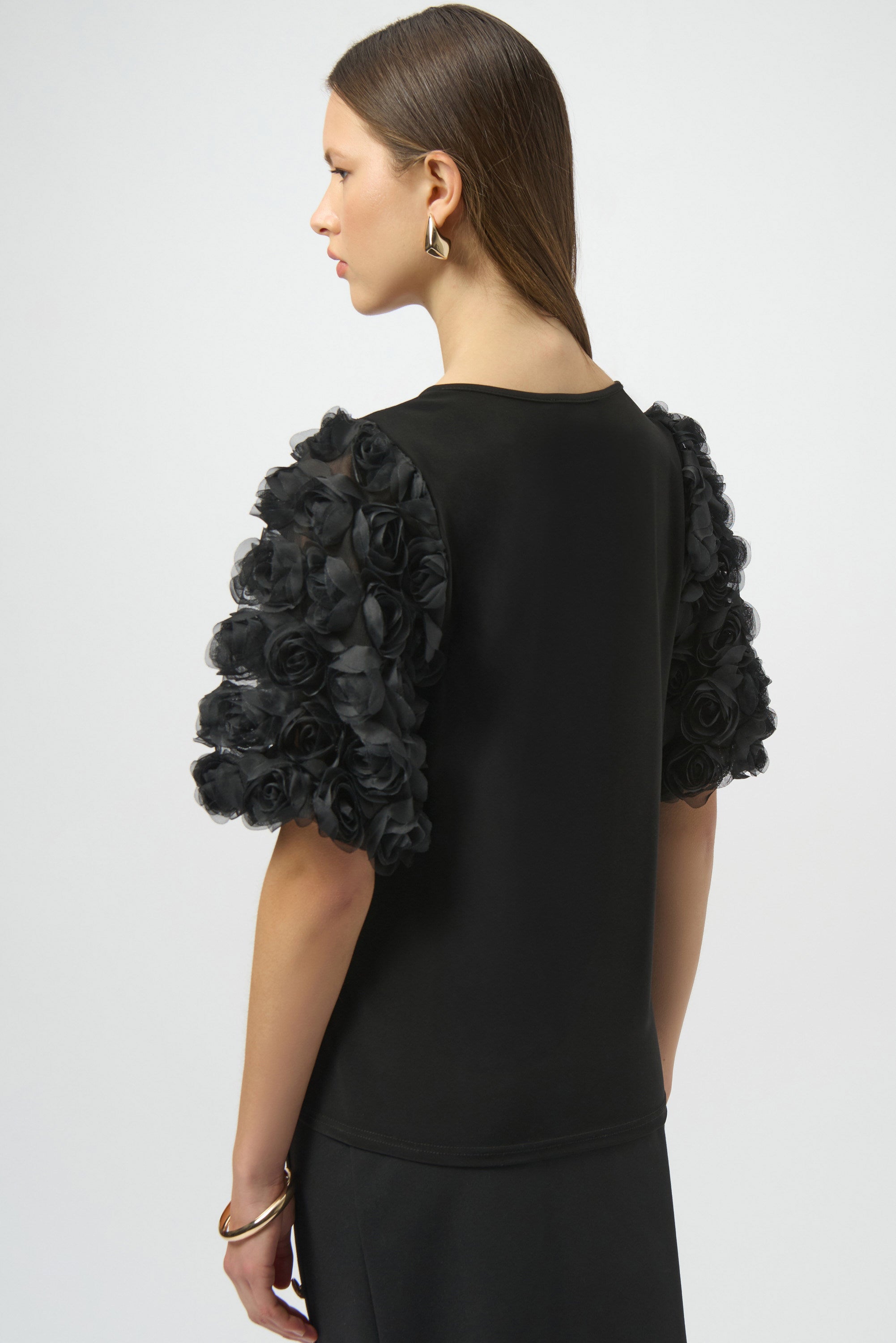 Silky Knit Top With Rosette Embroidered Sleeves 254064