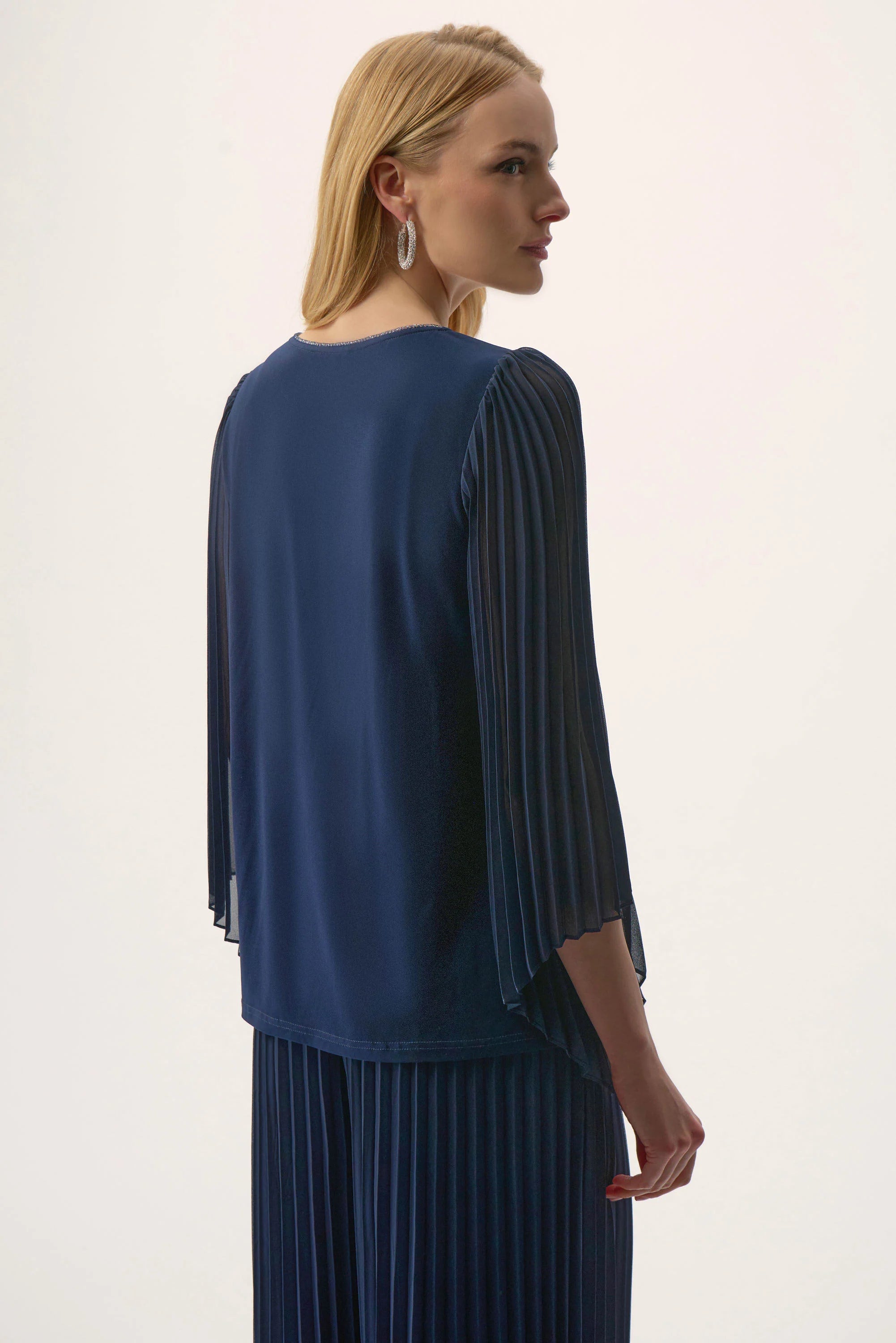 Silky Knit Straight Top with Pleated Chiffon Sleeves 254725
