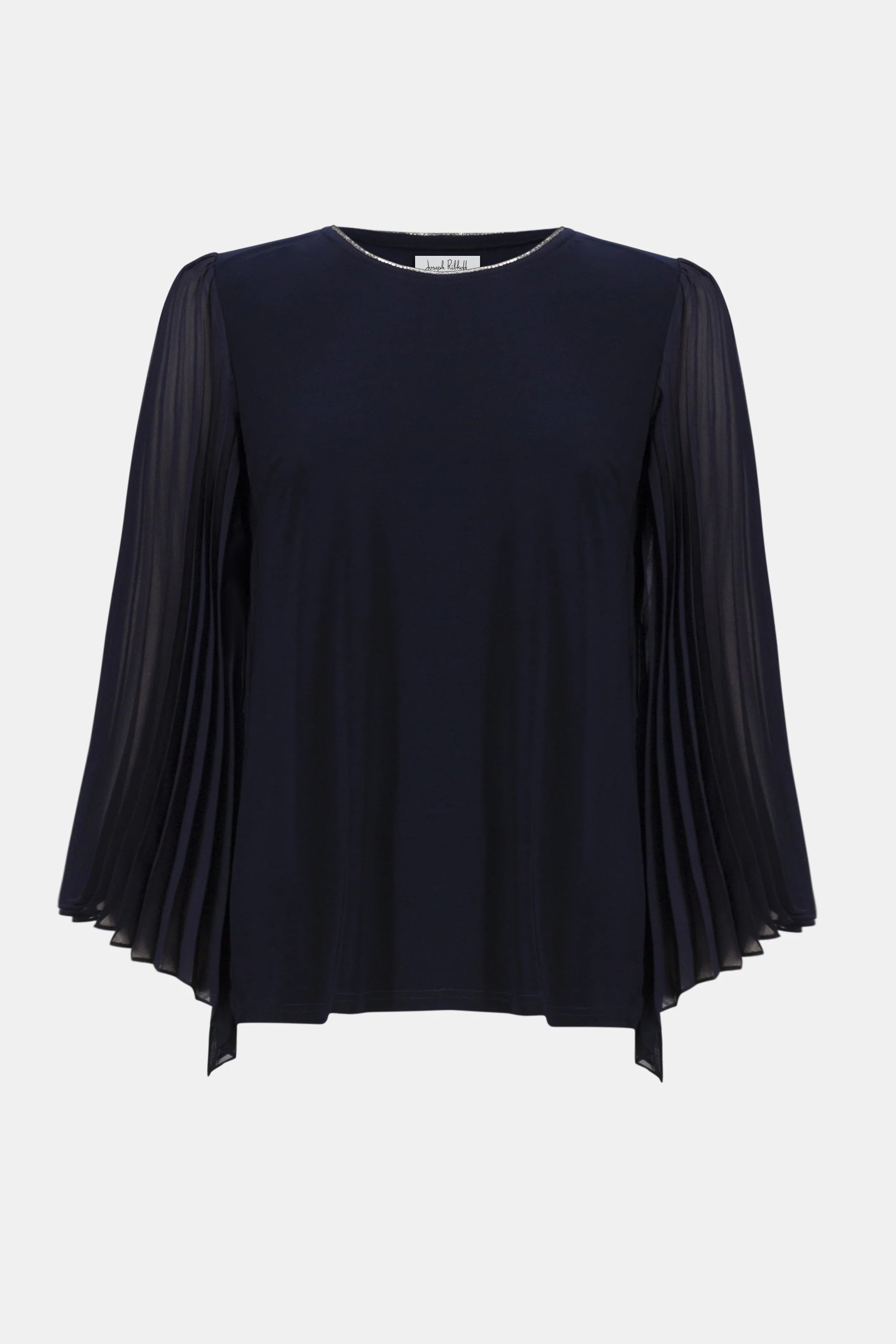 Silky Knit Straight Top with Pleated Chiffon Sleeves 254725