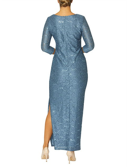 Stretch Lace and Sequin Gown in Steel Blue