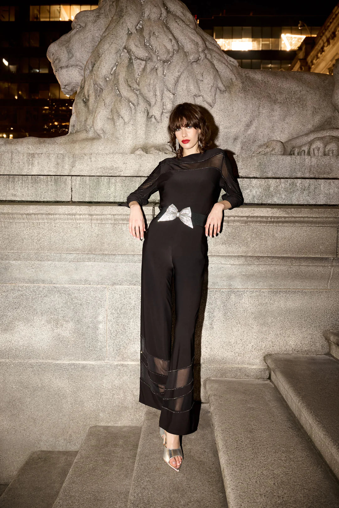 Black Flared Pant with Mesh and Jewel Accents 259758