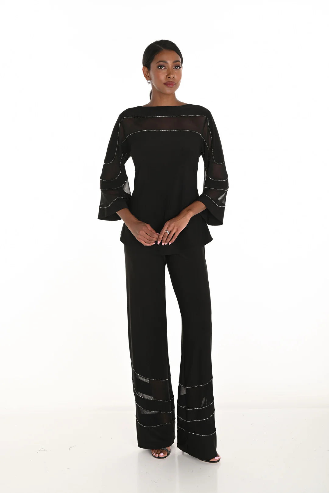 Black Flared Pant with Mesh and Jewel Accents 259758