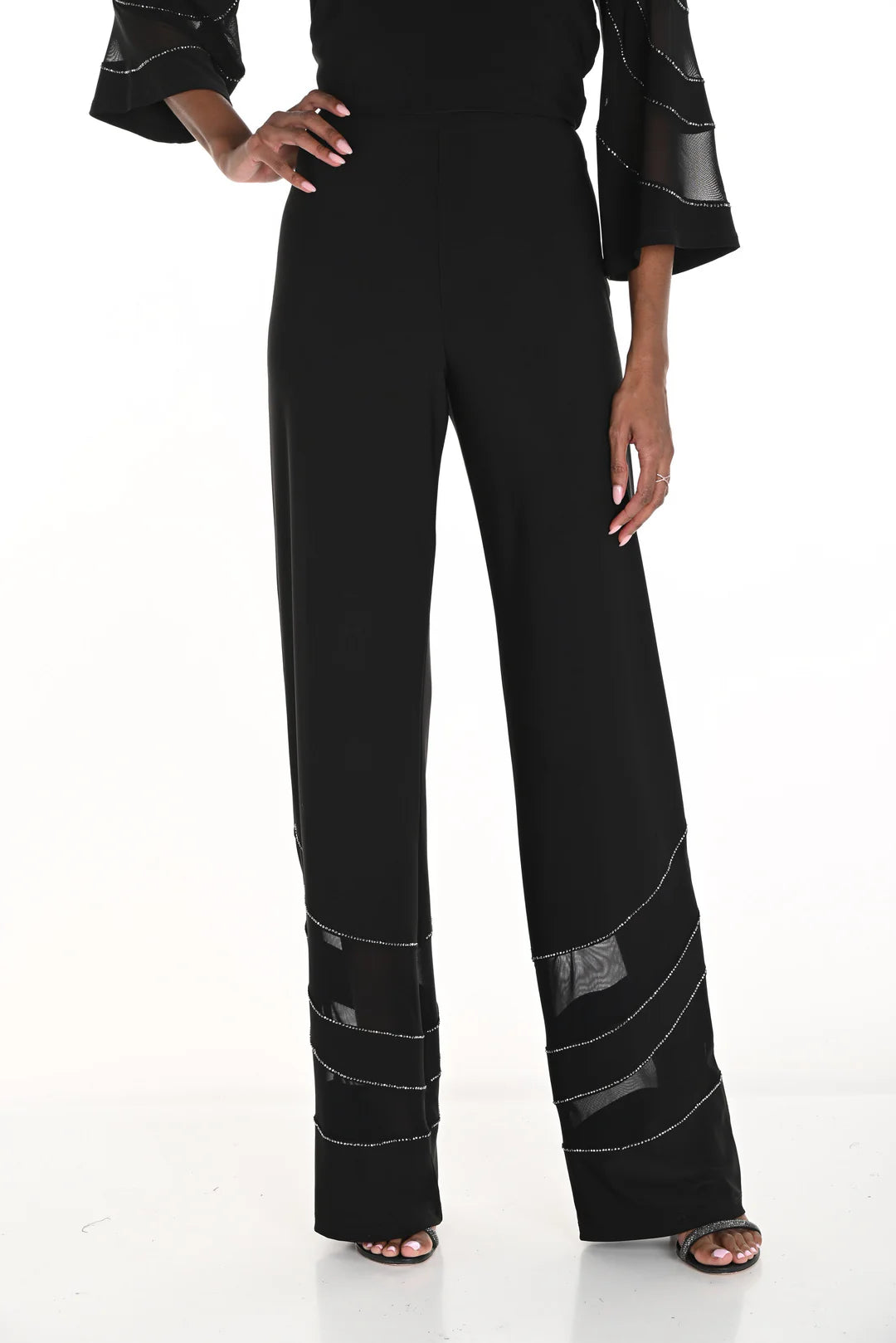 Black Flared Pant with Mesh and Jewel Accents 259758