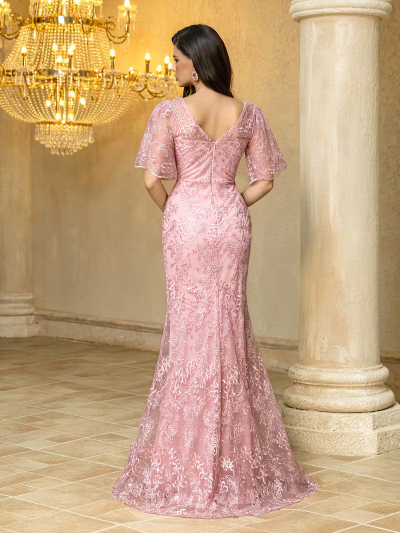 Elegant Pink Embroidered Sequin Gown