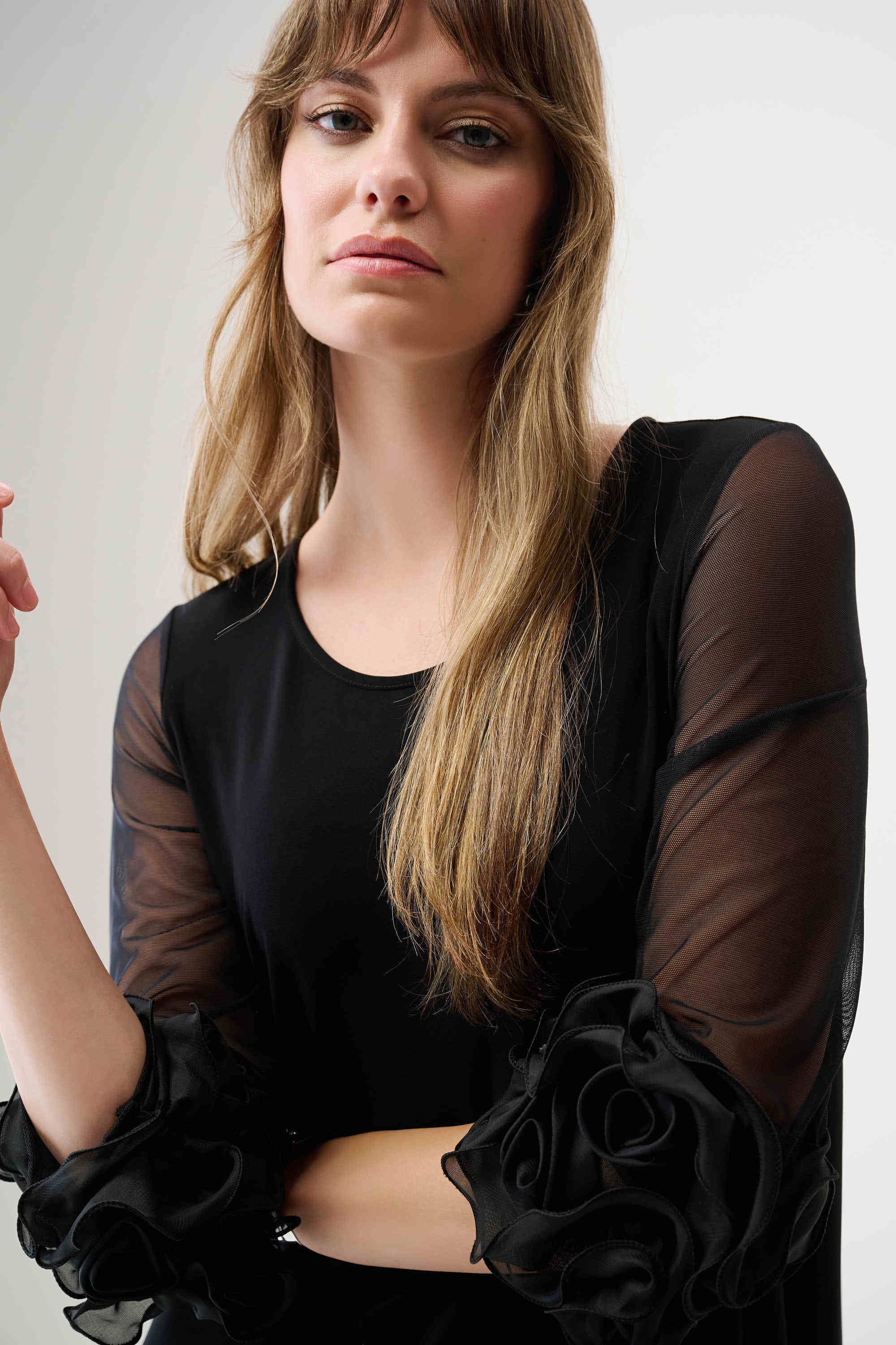 Silky Knit and Mesh A-Line Dress With Ruffled Trim 261212