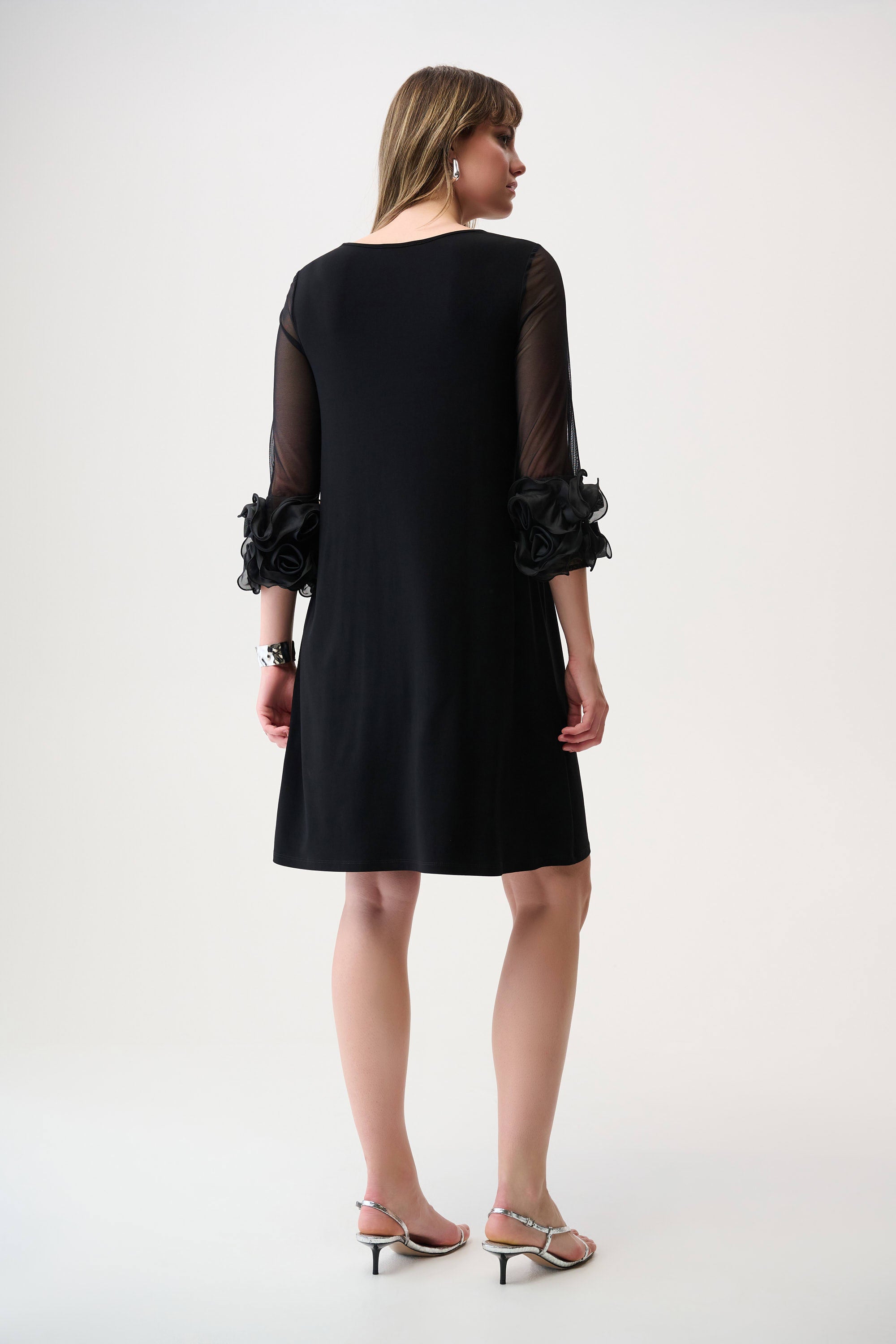 Silky Knit and Mesh A-Line Dress With Ruffled Trim 261212