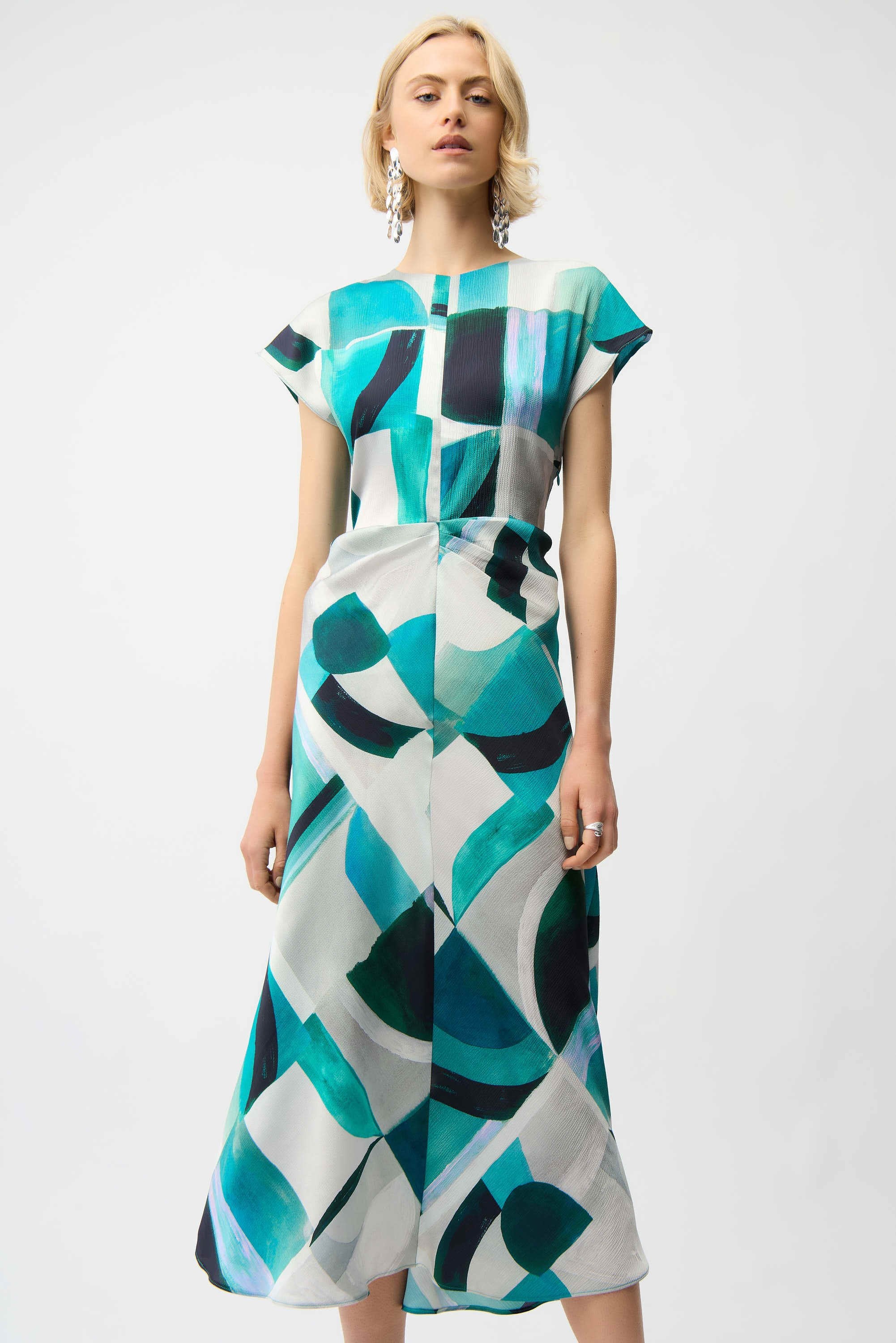 Textured Satin Geometric Print Fit and Flare Dress 261251