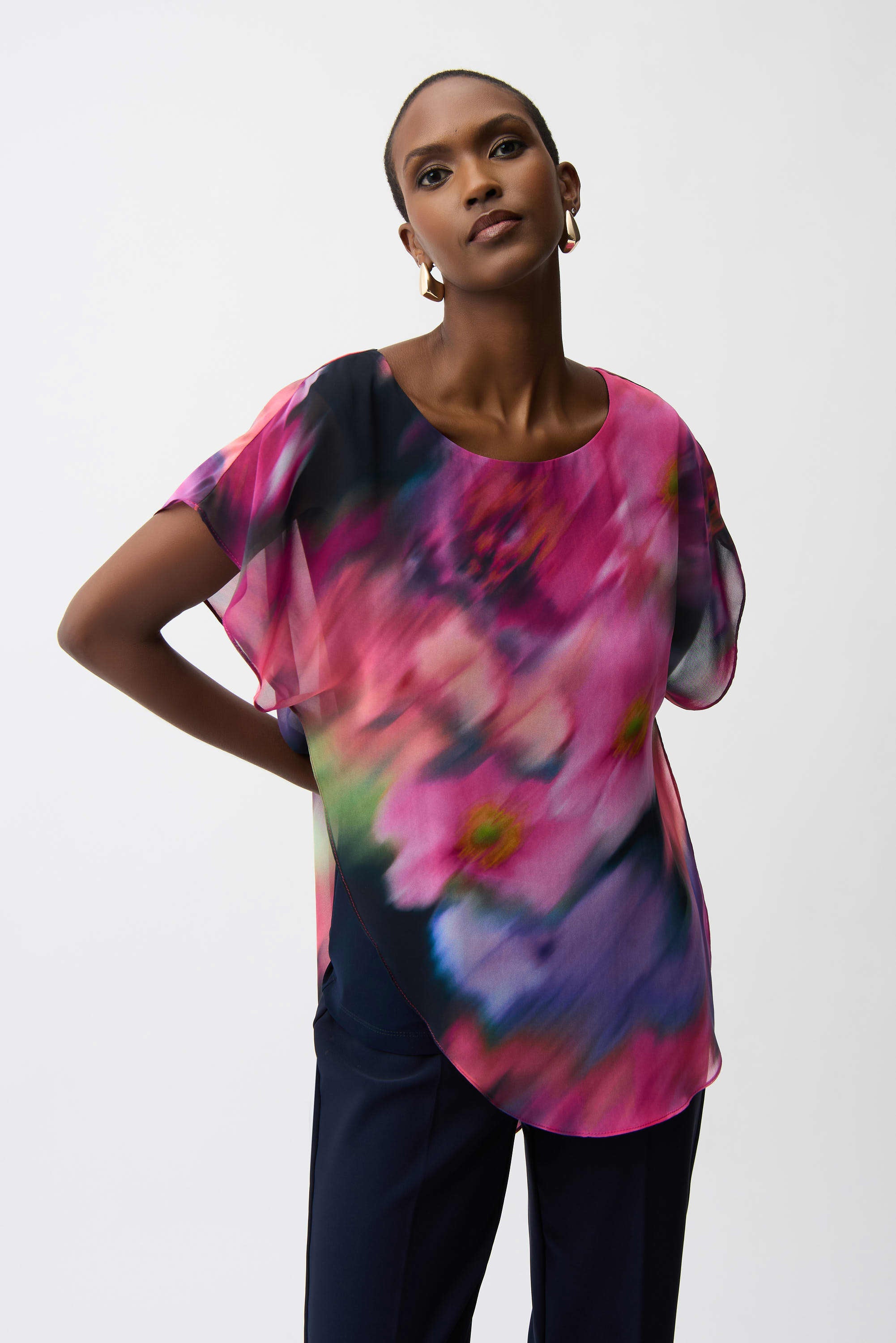Recycled Chiffon Floral Print Asymmetrical Layered Top 261281