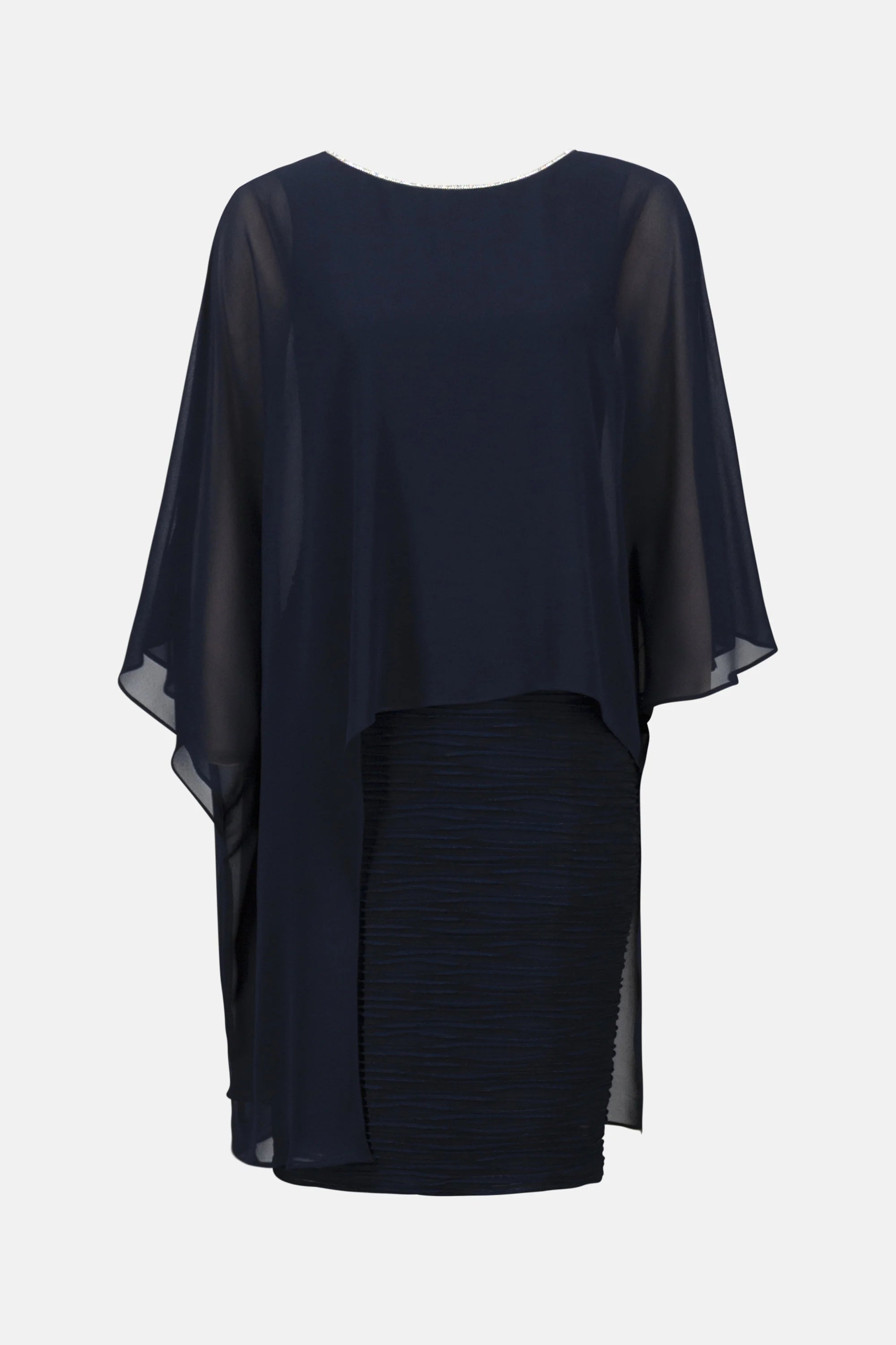 Cascade Knit Sheath Dress With Chiffon Poncho Overlay in Navy 261707